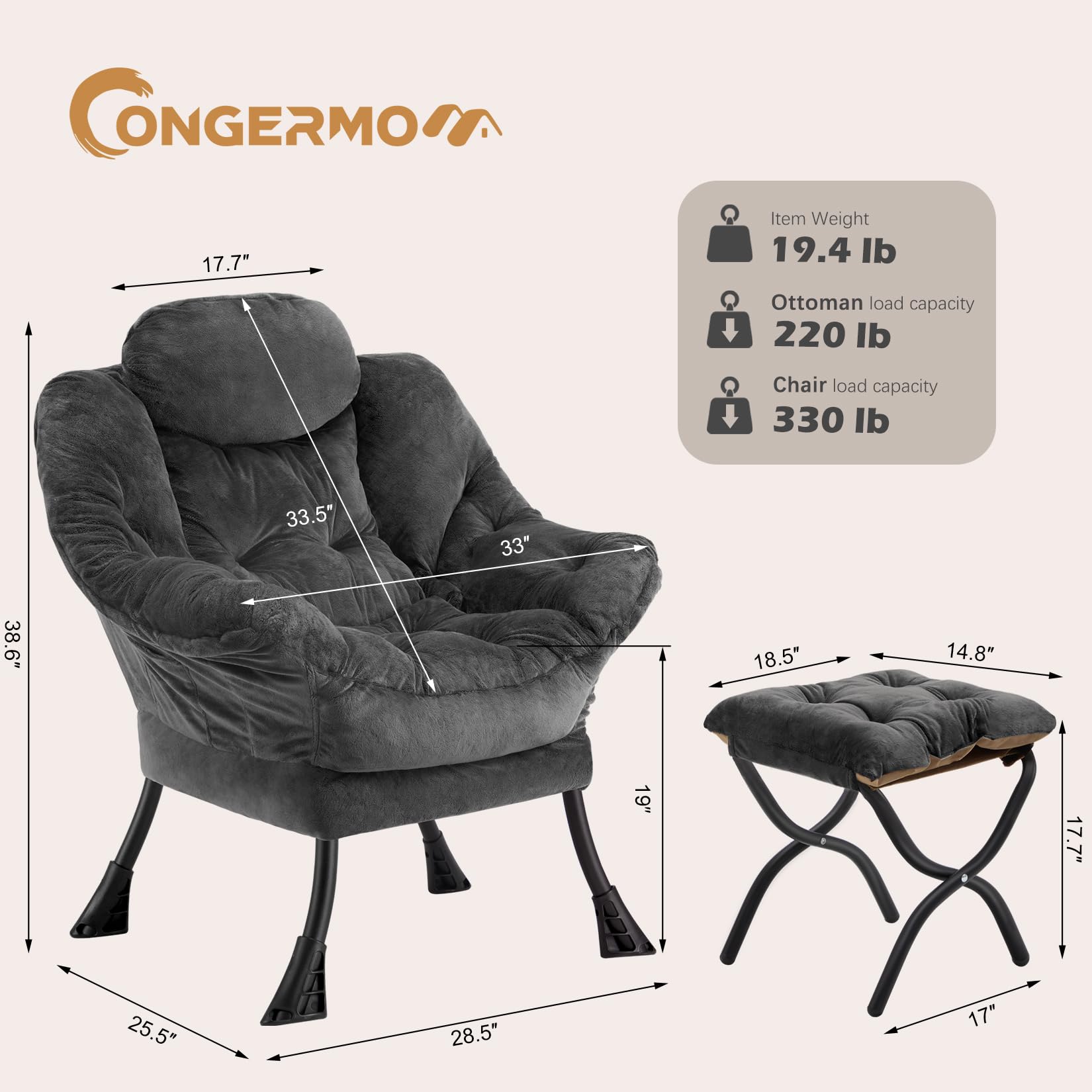Comfortable Folding Ottoman Lazy Chair - Soft Fabric Armchair with Armrests & Side Pockets, Reclining Reading Chair with Footrest for Living Room, Bedroom, Office - Plush Dark Grey - Perfect for Relaxing, Napping & Lounging at Home