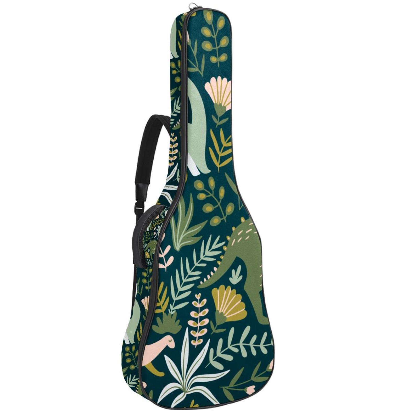 **Waterproof Acoustic Guitar Case with Adjustable Shoulder Straps & Pockets - Green Dinosaur Tropical Leaves Design - Perfect for Travel, Gigging & Outdoor Performances**