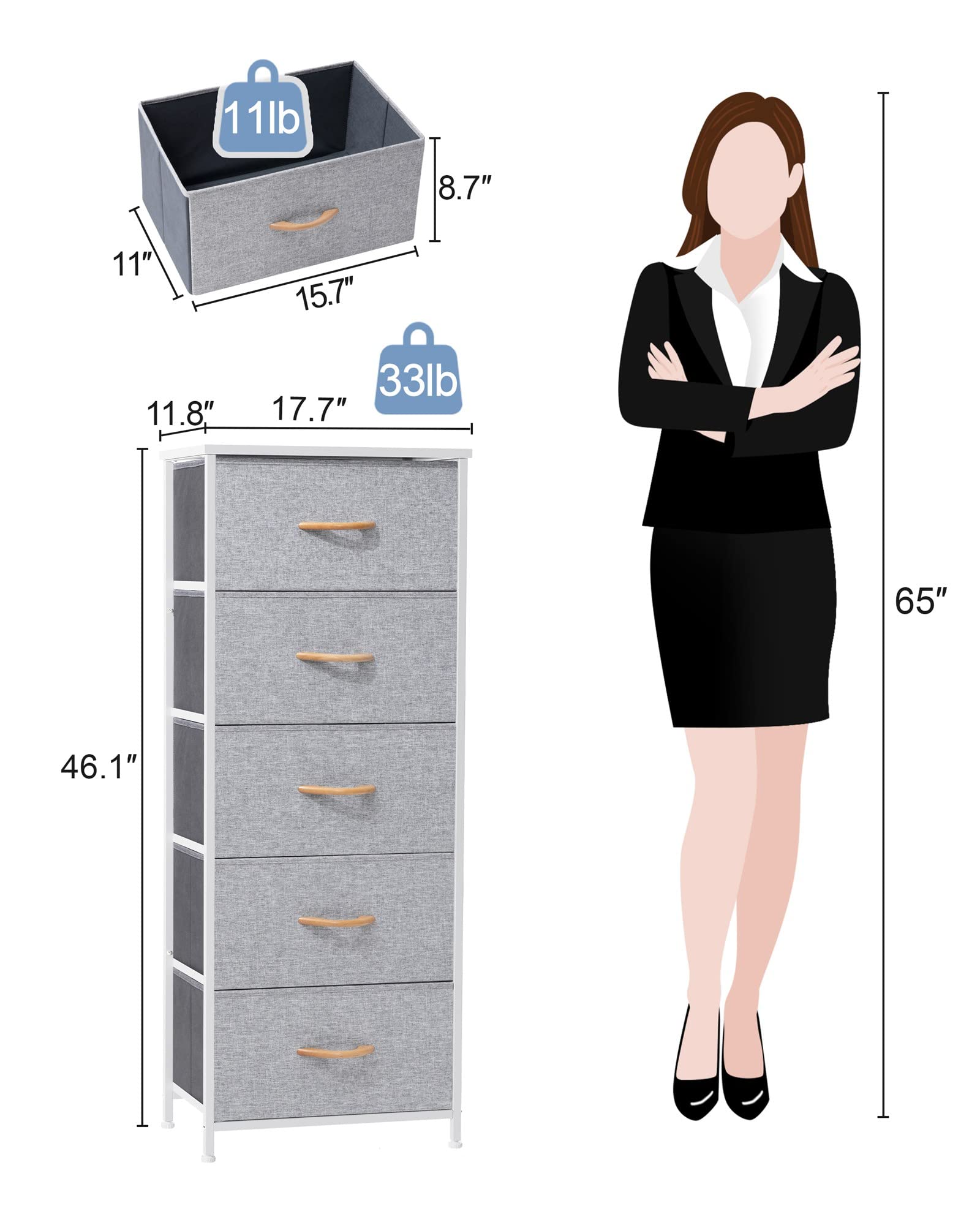 Vertical Dresser Storage Tower with Steel Frame & Wood Top - 5 Drawers for Bedroom & Closet Organization (Light Gray)