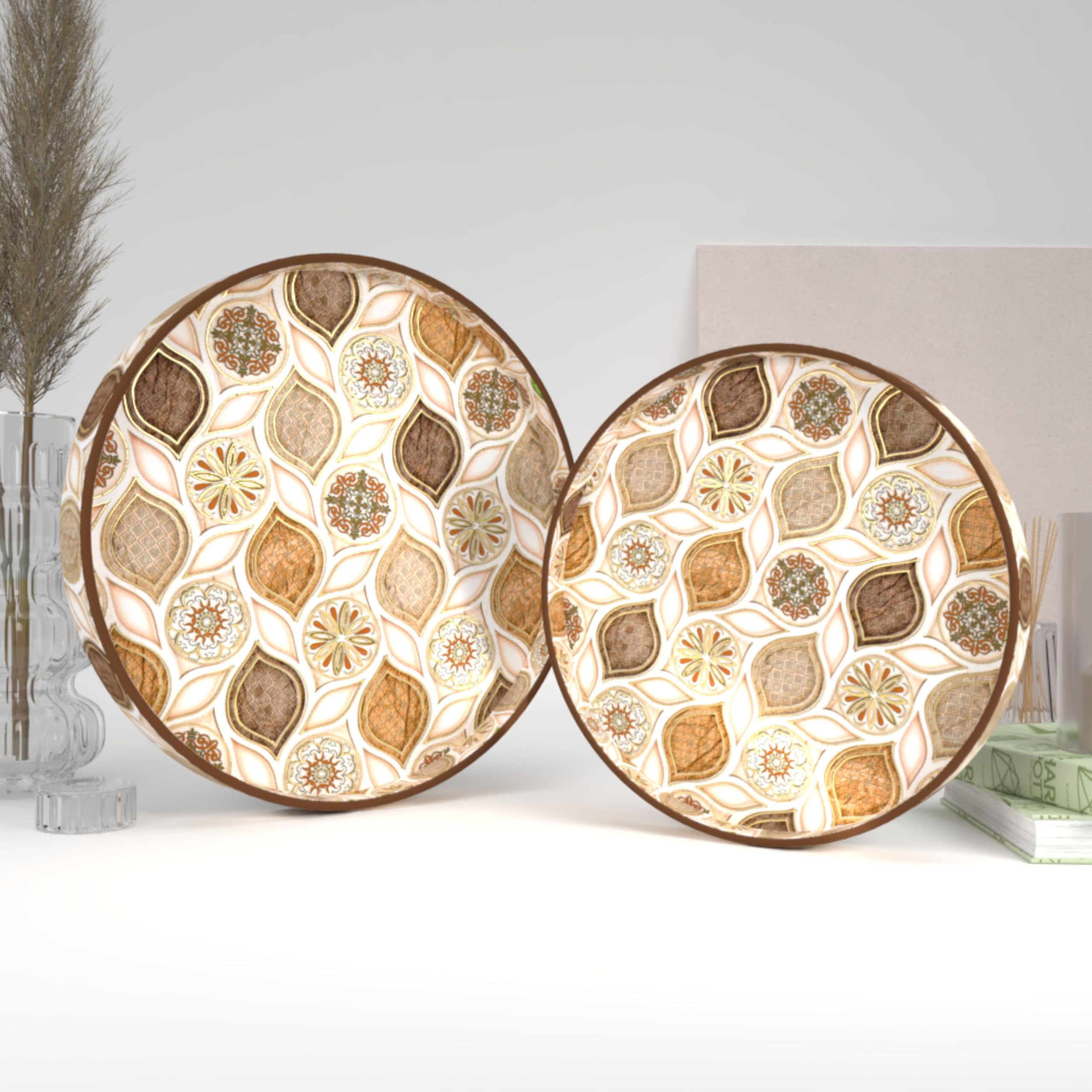 Castleite Ember Decorative Round Wooden Tray Set of 2 - Handcrafted Serving Trays for Kitchen, Dining Table, Coffee Table Decor & Storage - Epoxy Resin Coated Wood Trays (Large & Small, Hanayaka) - Perfect for Entertaining, Displaying Treats or Organizing Essentials