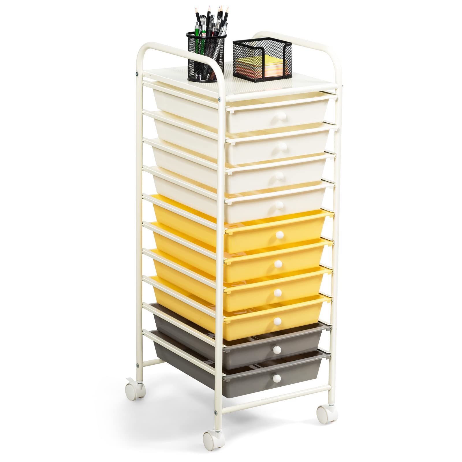 COSTWAY 10-Drawer Rolling Storage Cart with Removable Drawers, Universal Casters & 2 Brakes | Mobile Utility Trolley for Home Office Organization | Perfect for Craft Supplies, Beauty Products & School Essentials (Yellow)