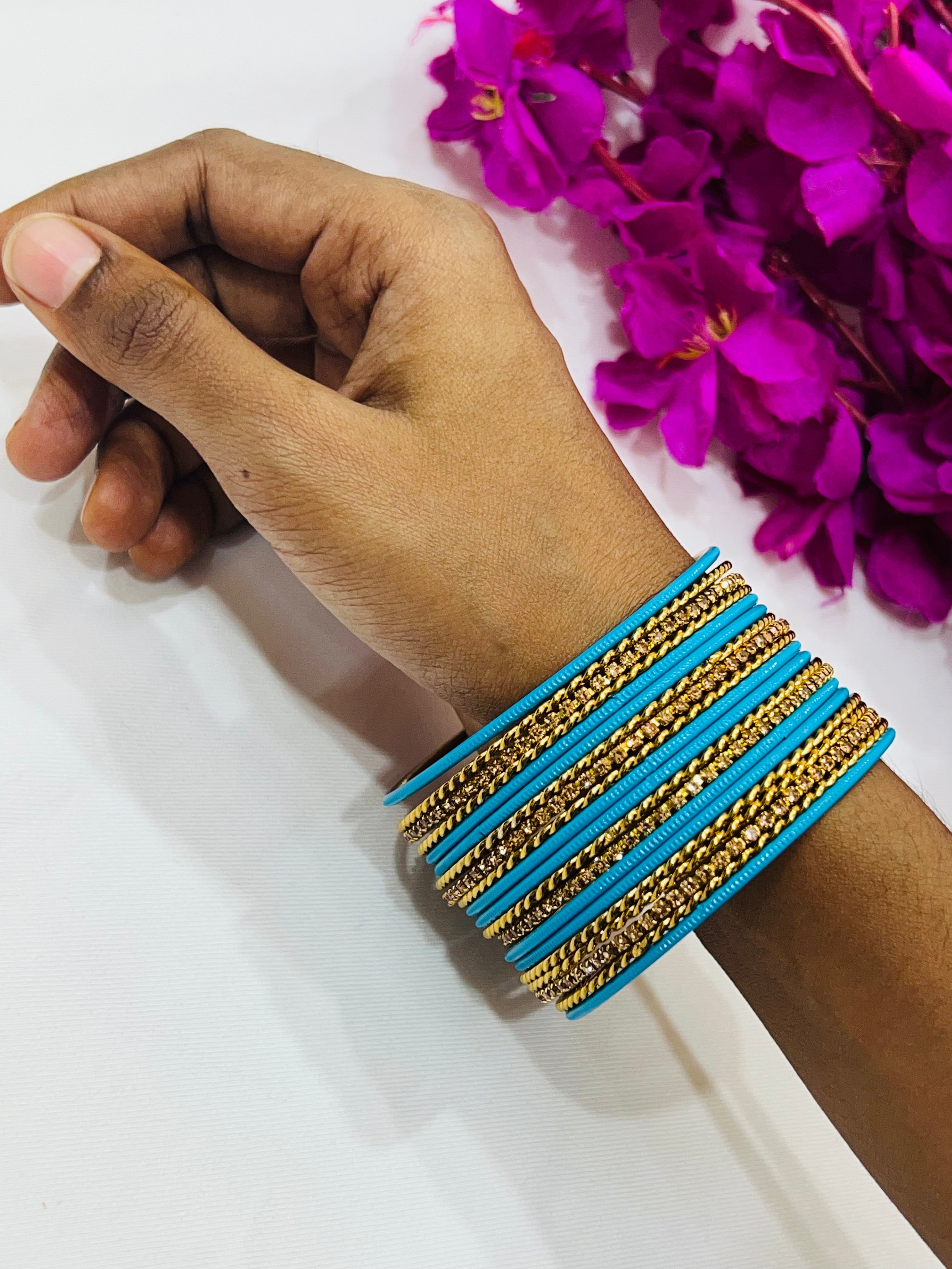 Stylish Sky Blue Metal Bangles with Elegant Gold Spiral Design - Trendy Women's Fashion Jewelry for Parties, Weddings & Everyday Wear