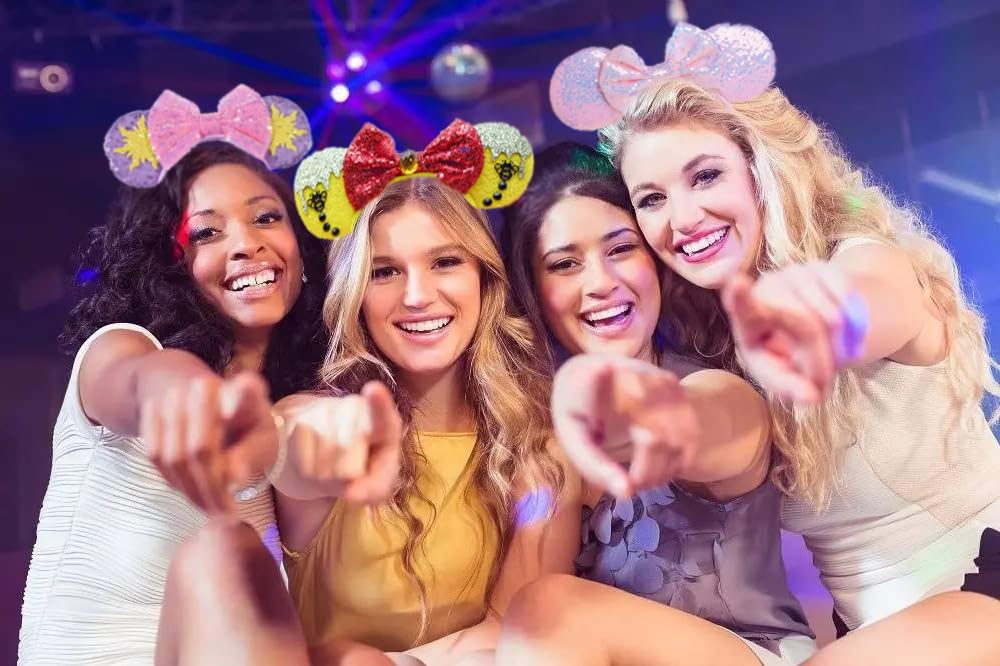 Sparkly Pink Mouse Ears Headband for Women - Glitter Sequin Bow Hairband for Disney Trips, Birthday Parties, Princess Costumes & Themed Events (One Size)