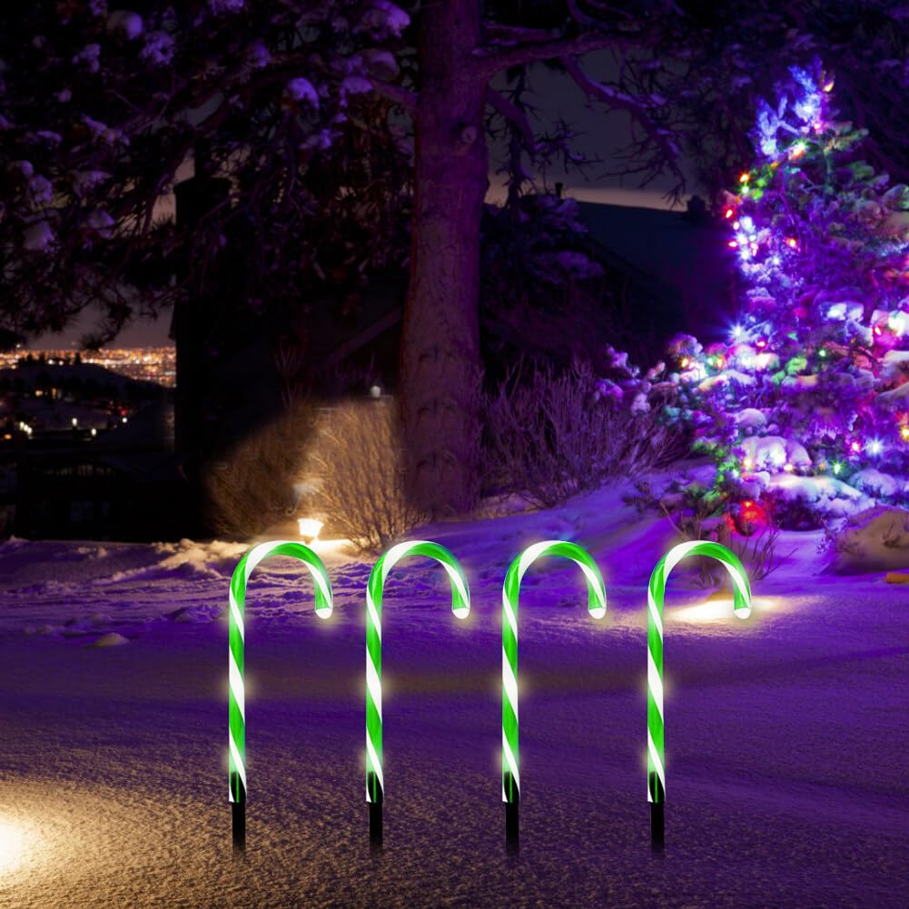 4PCS 14.5 Inch Battery Operated Remote Control Christmas Candy Cane Pathway Lights - Outdoor Indoor LED Lawn Decorations for Patio, Garden, Walkway - Green Candy Cane Stake Lights for Holiday Party Decor