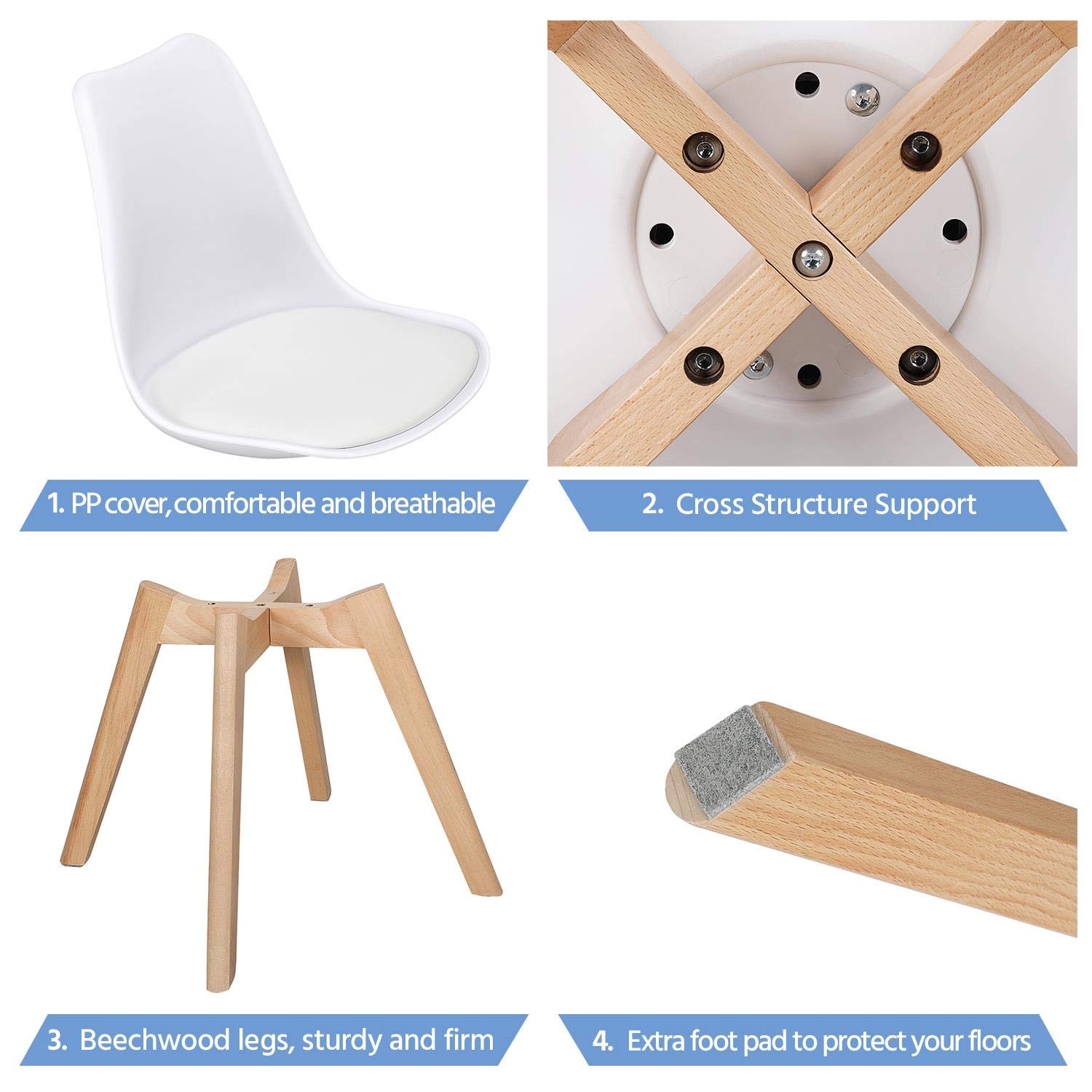 Yaheetech 4-Piece Modern Upholstered Dining Chairs Set with Soft Padded Seat, Beech Wood Legs - White DSW Eiffel Inspired Accent Chairs for Home, Restaurant & Office Use