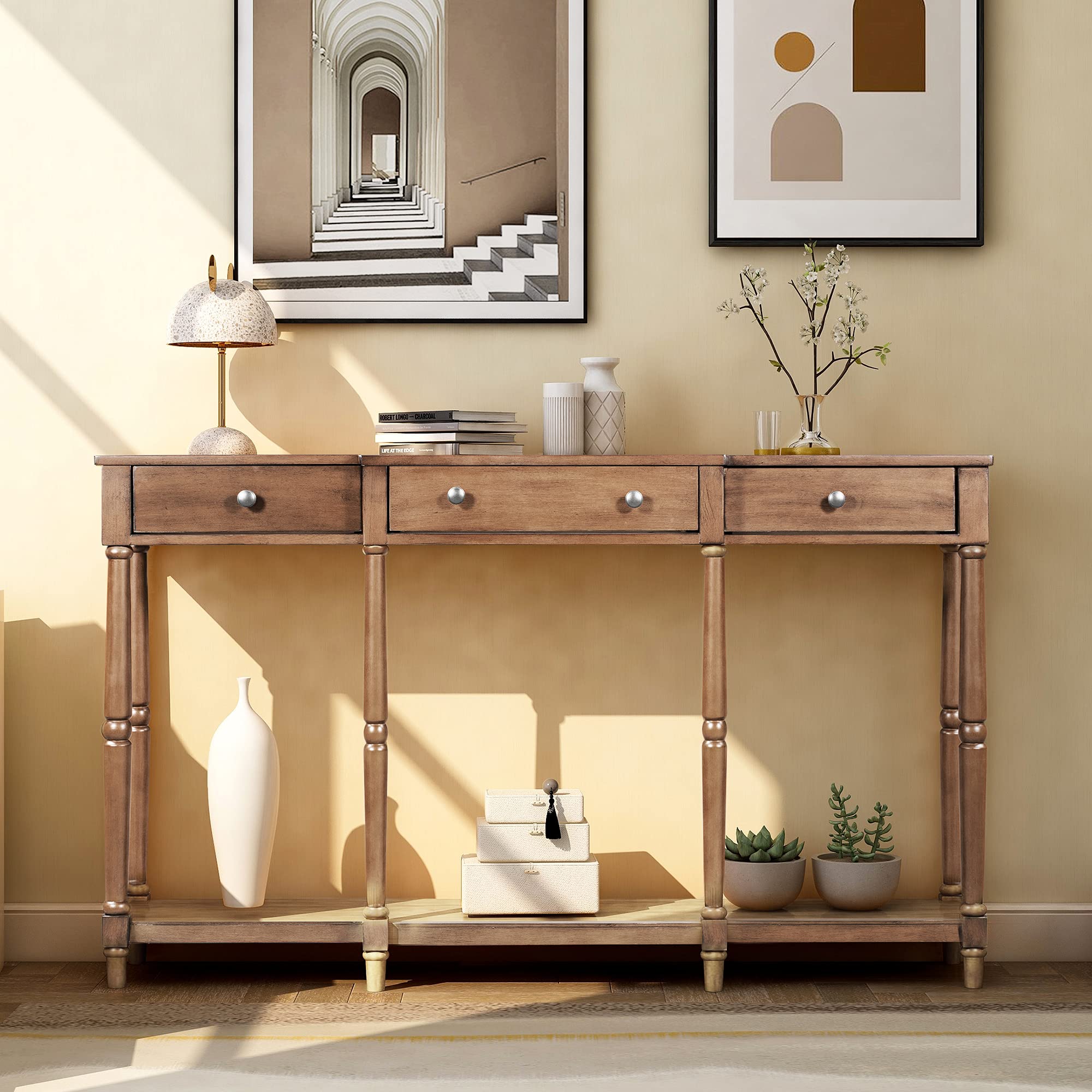 Melpomene Wood Narrow Console Sofa Table - Buffet Sideboard Cabinet with Drawers & Storage Shelf for Living Room, Dining Room, Entryway, Hallway - Perfect for Small Spaces & Home Decor (Brown)