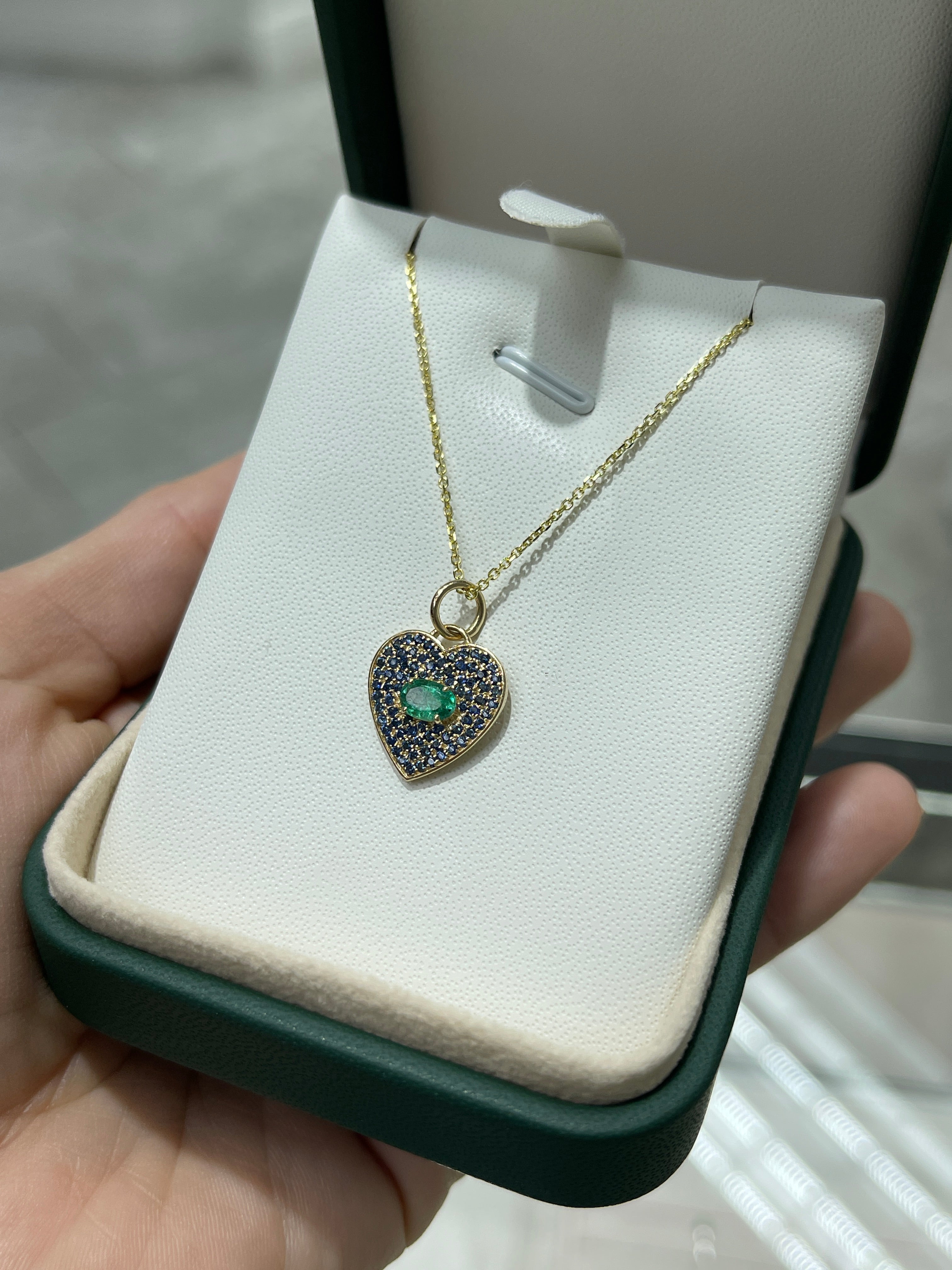 1.10tcw Genuine Emerald & Blue Sapphire Heart Charm Pendant in 14K Gold - Perfect for Valentine's Day Gifts, Anniversary Jewelry & Romantic Occasions