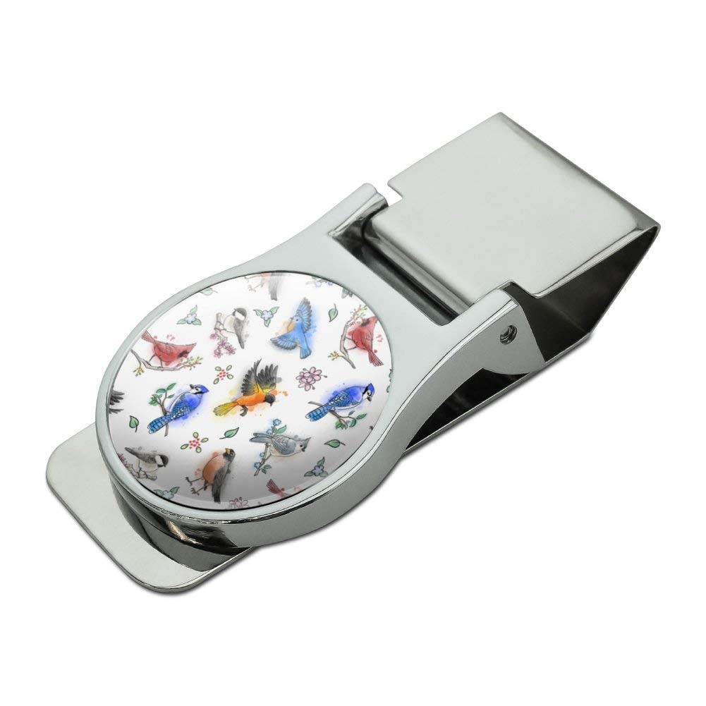 Stylish Satin Chrome Plated Metal Money Clip with Northeastern Birds Pattern - Perfect for Cash, Credit Cards & Gifts (Weddings, Graduations, Father's Day)