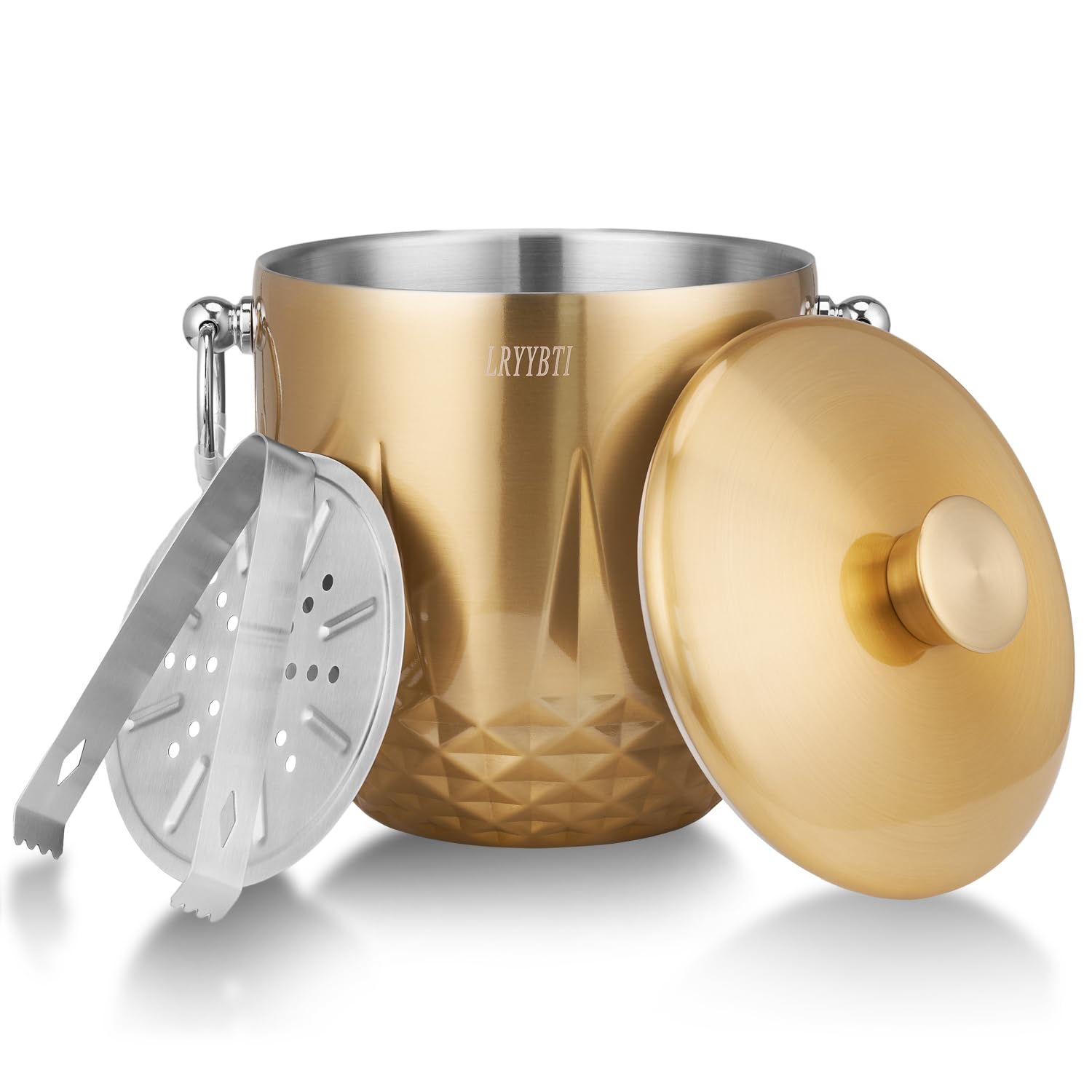 Premium 3L Double Wall Stainless Steel Ice Bucket with Lid - Insulated Ice Bucket Keeps Ice Frozen Longer - Includes Stainless Steel Tong & Strainer - Perfect for Parties, Cocktails, Wine, Champagne, Bars & Home Entertaining - Elegant Gold Finish for Weddings & Special Events