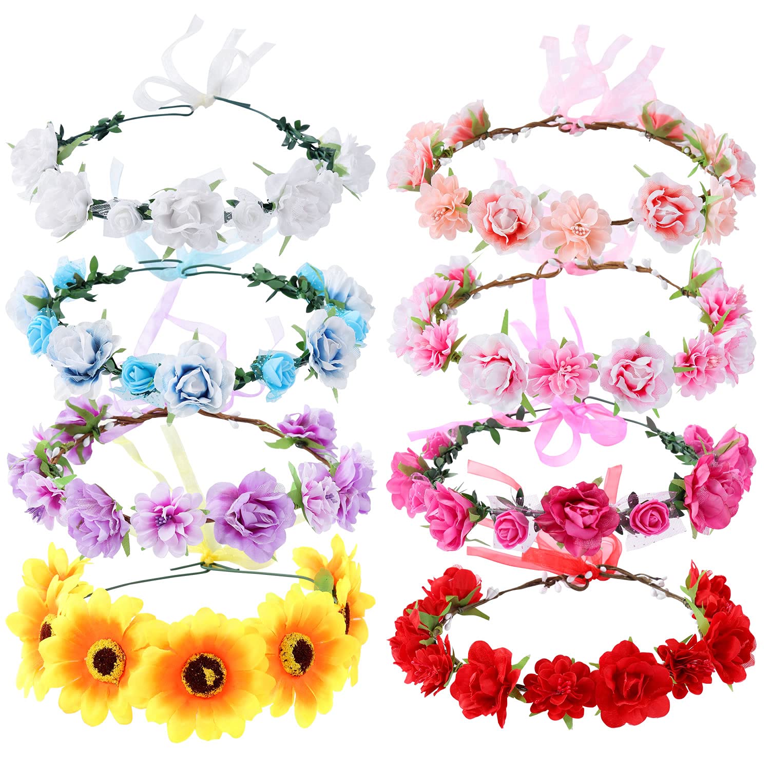 8 Pack Handmade Adjustable Sunflower Rose Flower Wreath Headbands - Bohemian Crown Garland for Women, Brides, Bridesmaids, Teens - Perfect for Weddings, Parties, Festivals & Photo Shoots