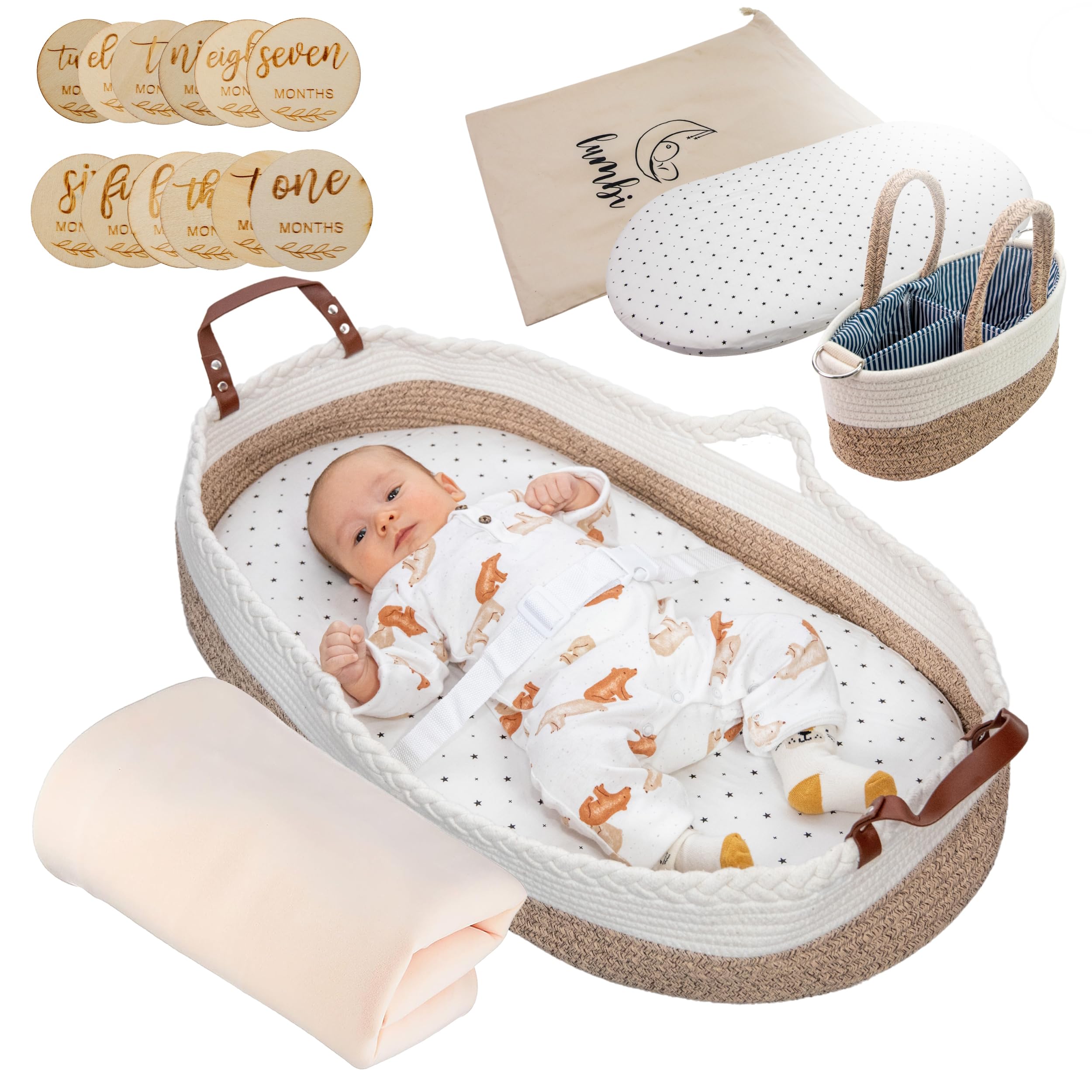 Boho Cotton Rope Baby Changing Basket Set with Diaper Caddy Organizer - Portable Handmade Nursery Storage with Waterproof Pad, Milestone Markers & Soft Blanket | Perfect for Newborn Care, Diaper Changes & Nursery Organization