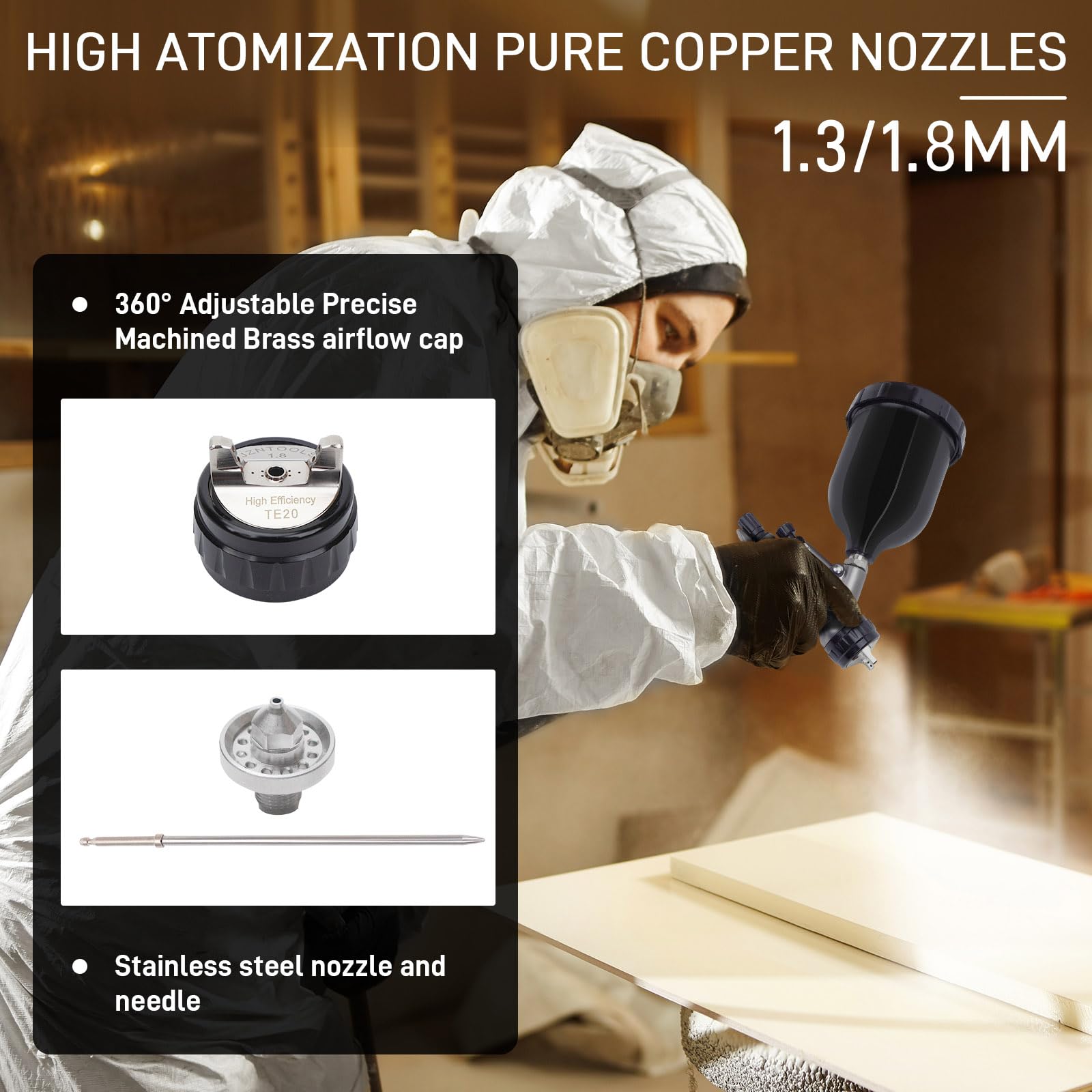 Professional HVLP Spray Gun with 1.3mm & 1.8mm Stainless Steel Nozzle - 600ml & 400ml Gravity Feed Paint Sprayer for Paint, Varnish, Wood Staining - Perfect for Automotive, Furniture & DIY Home Projects (Black)