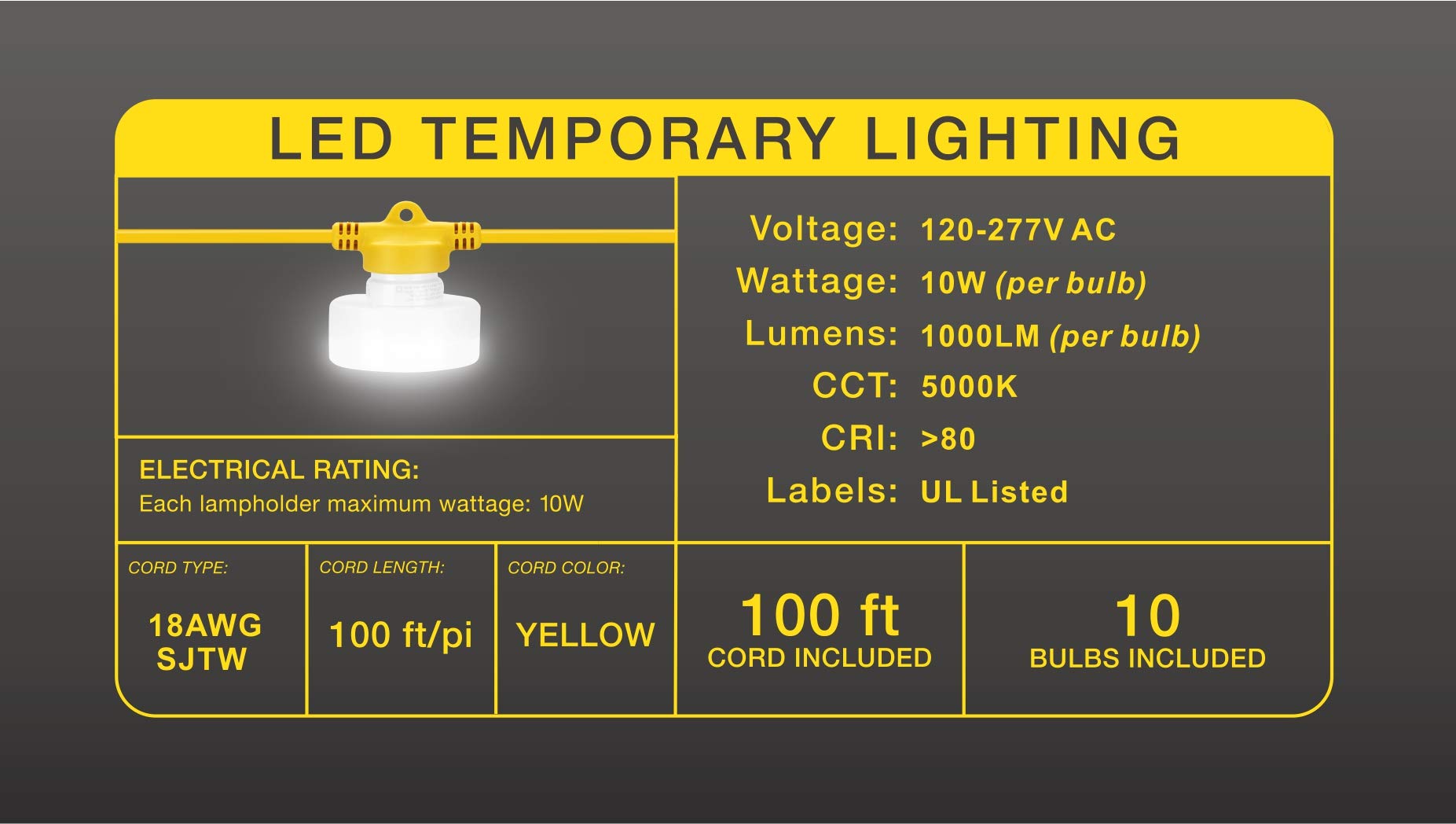 100FT LED Construction String Light - 100W 10000LM Industrial Grade Work Lights with 10 Bulbs, 5000K Daylight White for Job Sites, Renovation, Mining | Perfect for Construction Lighting, Warehouse Illumination & Emergency Temporary Lighting