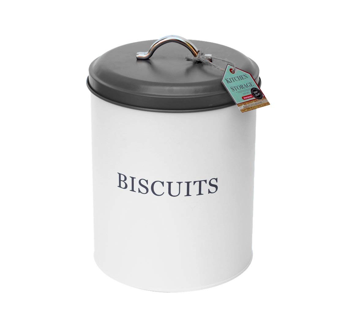 Vintage White & Grey Round Metal Airtight Cookie Storage Tin - Monsoon Biscuit Canister Jar for Kitchen, Pantry & Countertop Organization - Perfect for Cookies, Tea, Coffee & Dry Food Storage