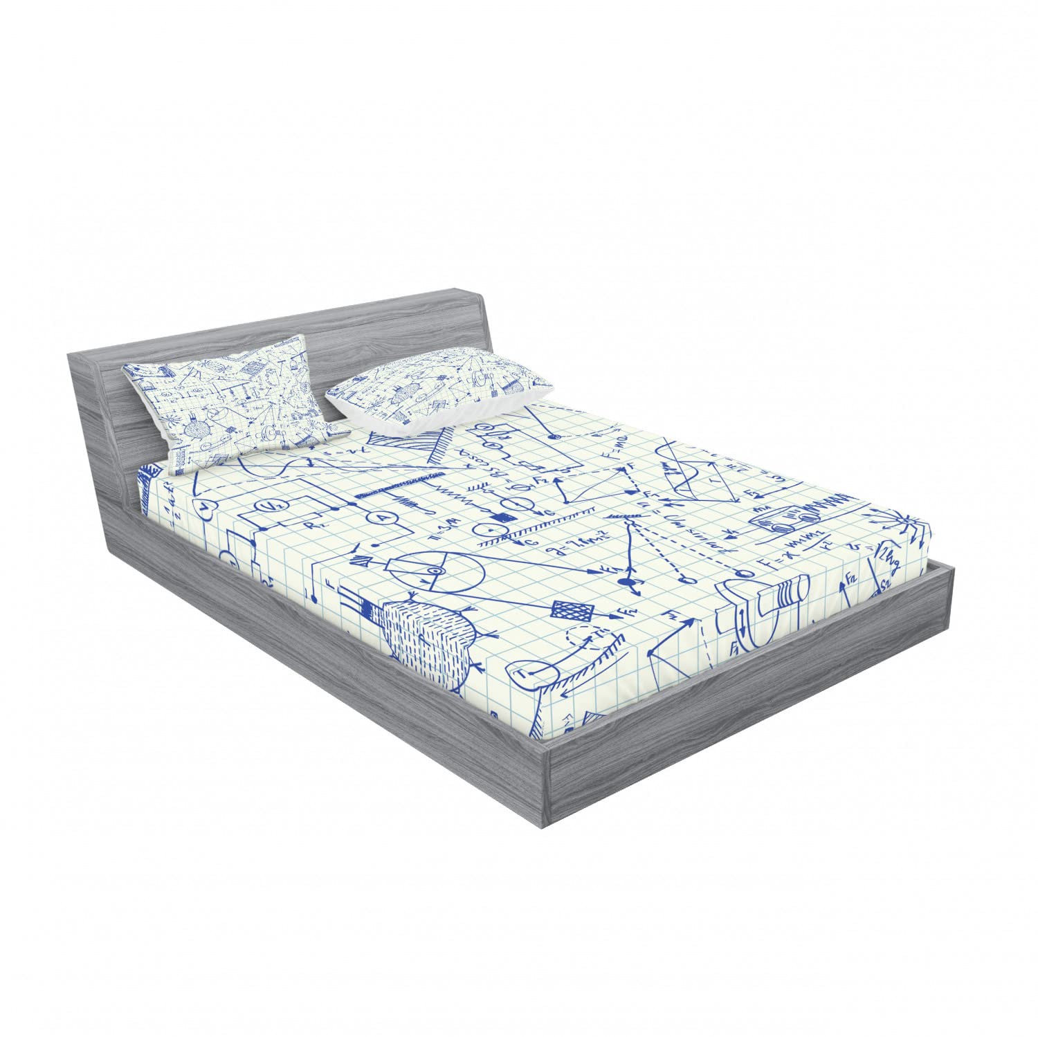 Ambesonne Physics Themed 2-Piece King Size Fitted Sheet Set with 4 Pillow Shams - Technical Formulas Print Bedding Collection in Ivory & Indigo - Perfect for Science Lovers' Bedroom Decor and STEM Themed Home Design