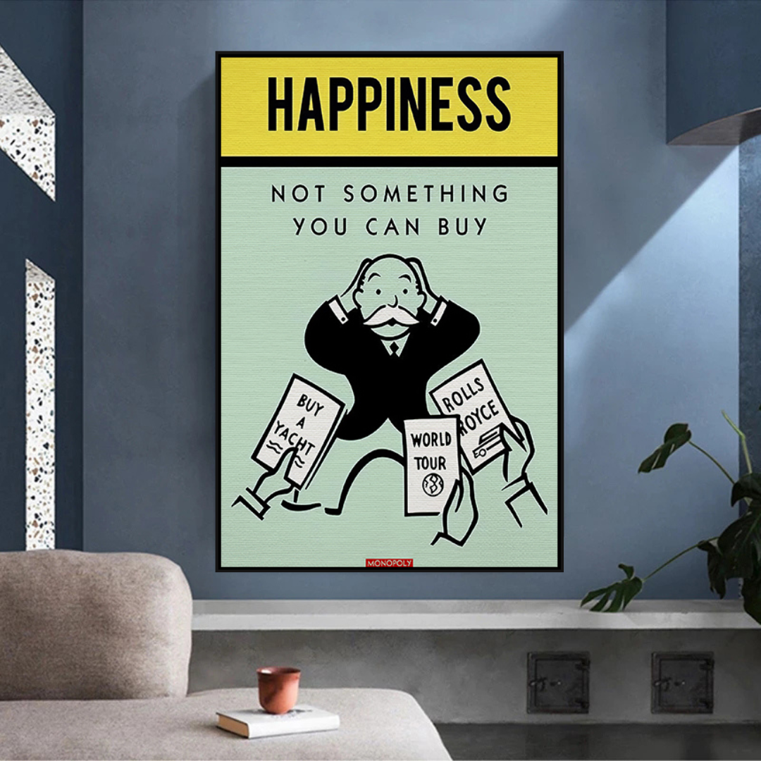 Alec Monopoly 'Can't Buy Happiness' Playing Card Canvas Wall Art - Pop Art Home Decor for Living Room, Bedroom & Office