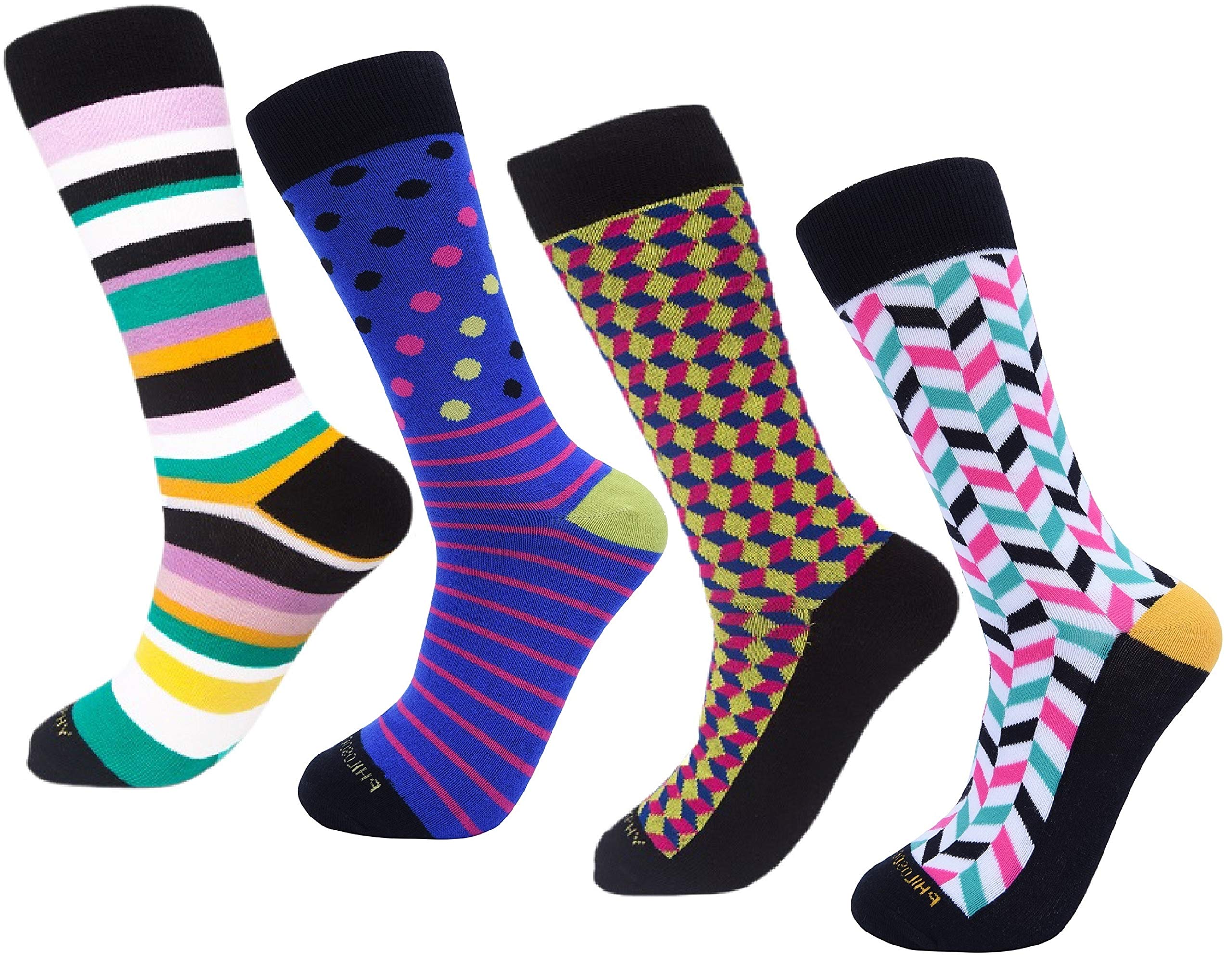 PHILOSOCKPHY 4 Pack Funky Colorful Dress Socks for Men - Crazy Patterned Socks for Work, Party & Casual Wear - Cool Novelty Socks Gift Set