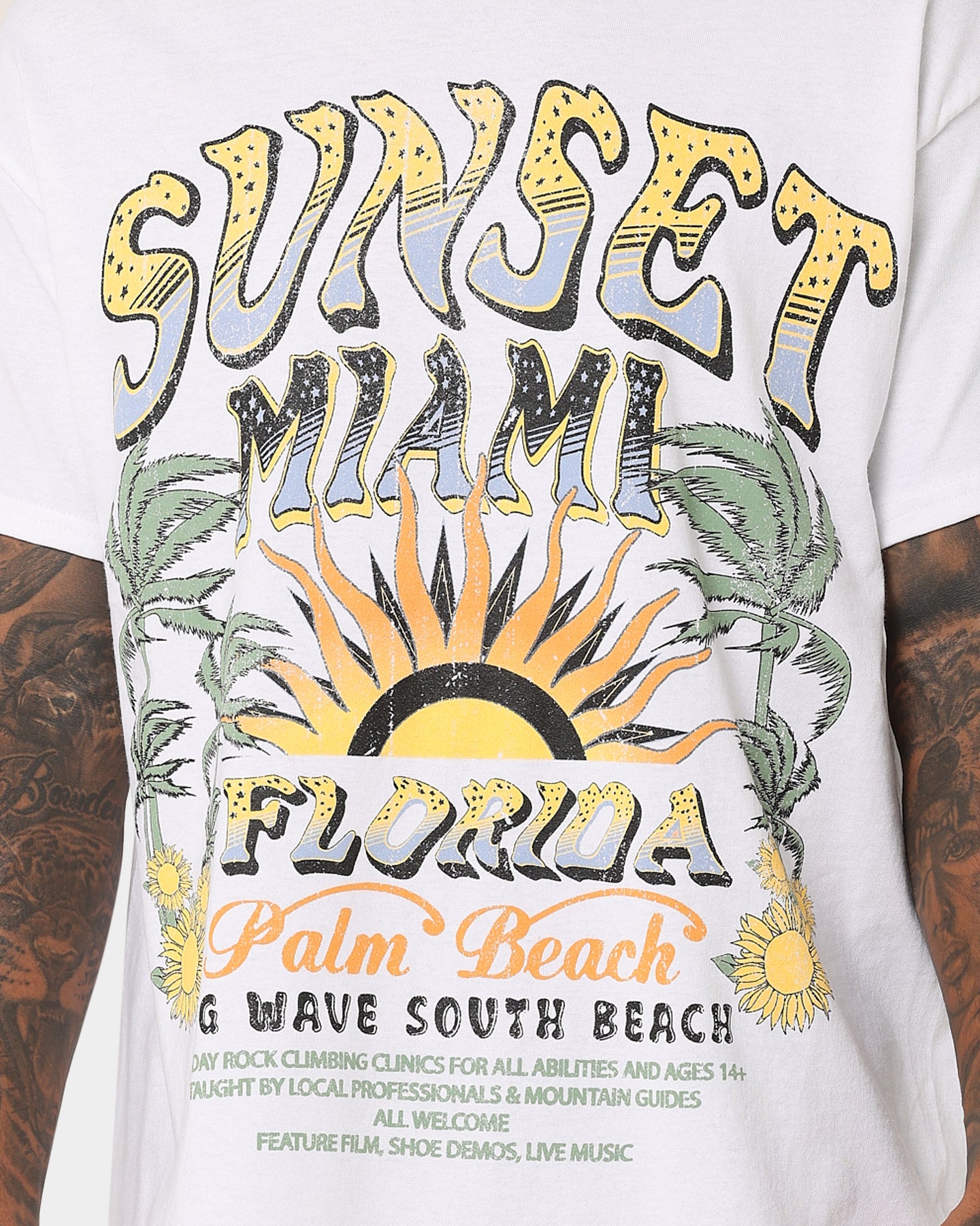 Vintage Miami Sunset Graphic T-Shirt - Retro American Thrift Style White Tee for Men & Women - Perfect for Beach, Travel, and Casual Outfits