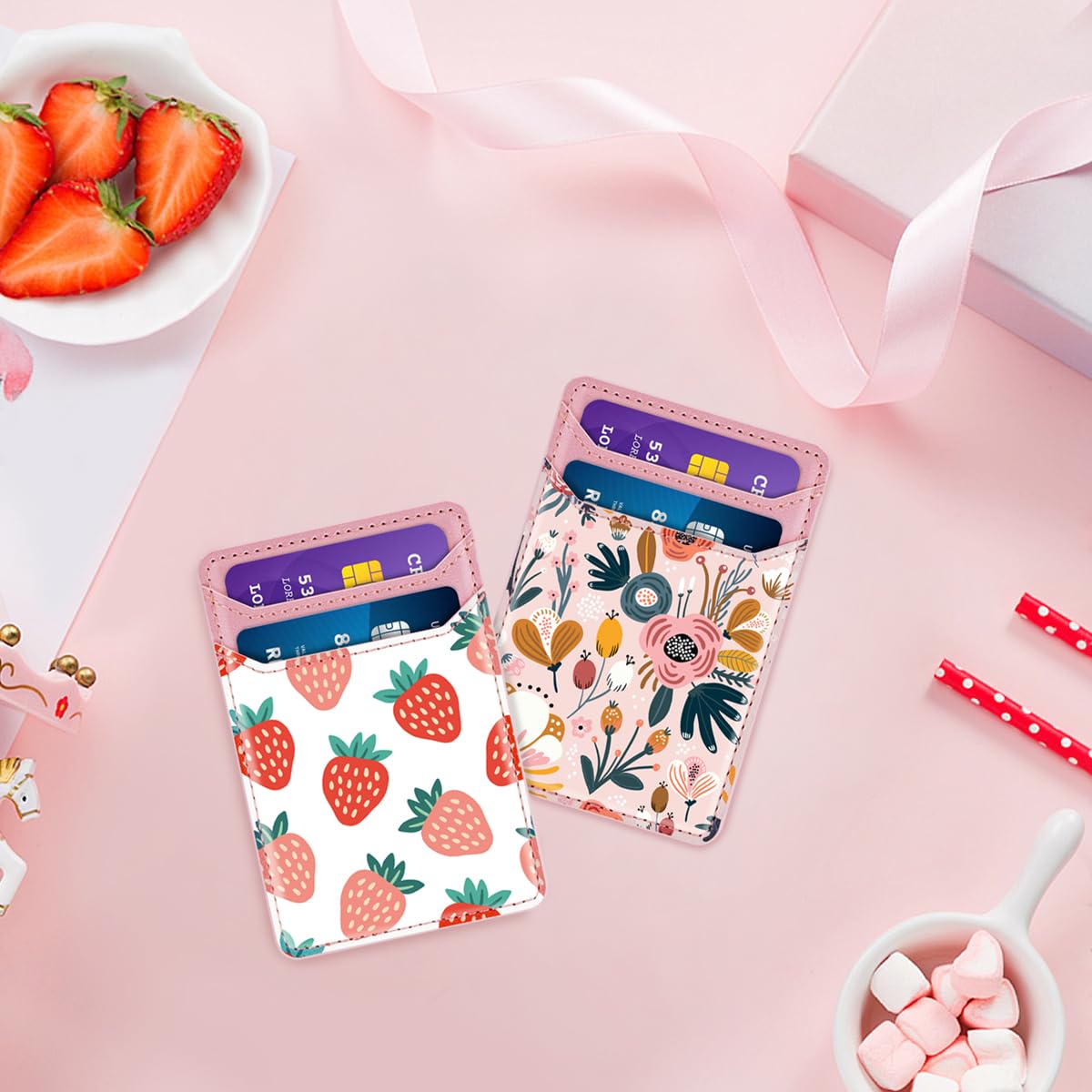 Self Adhesive Phone Card Holder - Leather RFID Blocking Wallet Pocket for iPhone & Samsung - Stick On Credit Card Sleeve for Phone Case (Strawberry Design) - Perfect for Contactless Payments & On-the-Go Convenience