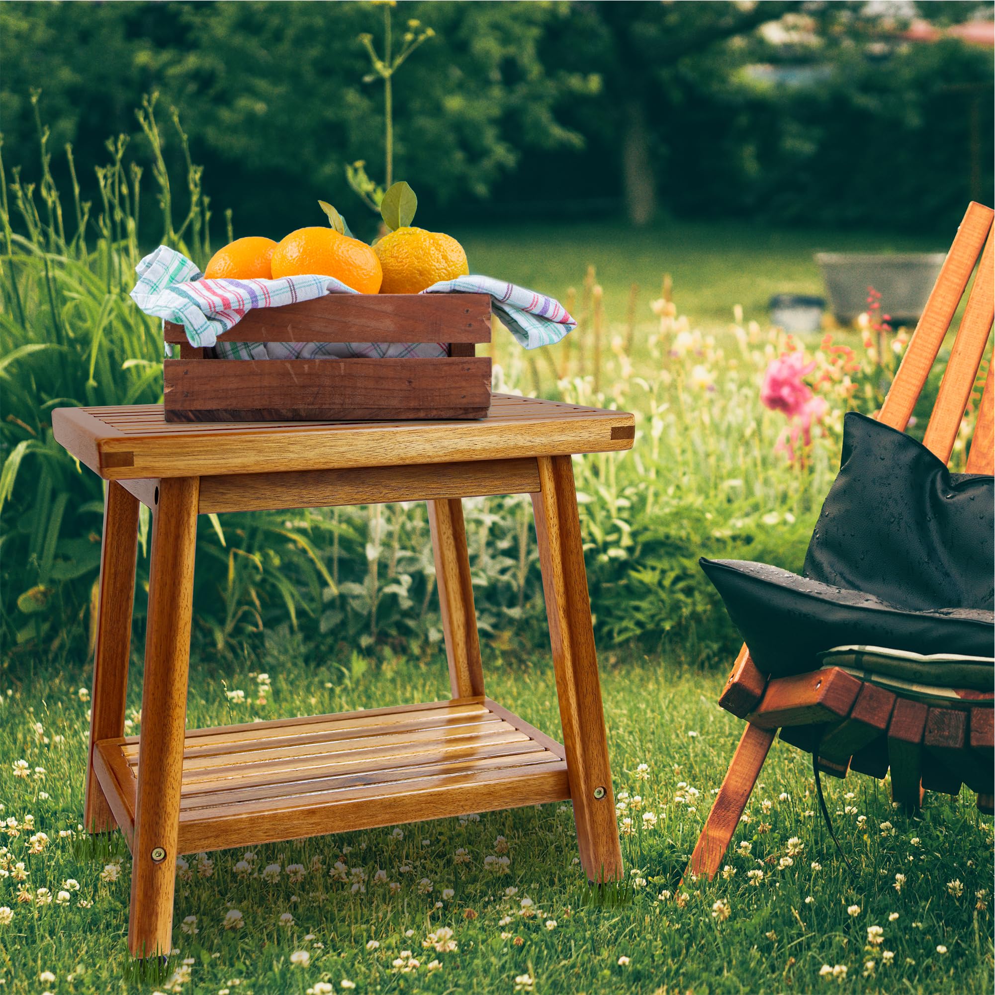 Acacia Wood Side Table with 2-Tier Storage Shelf - Small Space Sofa Table, Outdoor End Table for Patio, Backyard, Poolside - Perfect for Living Room, Deck & Garden Decor