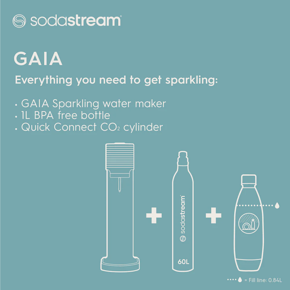 SodaStream Gaia Black Sparkling Water Maker - Countertop Carbonation System for Fresh Homemade Soda & Sparkling Water | Perfect for Kitchen, Office & Home Bar Use