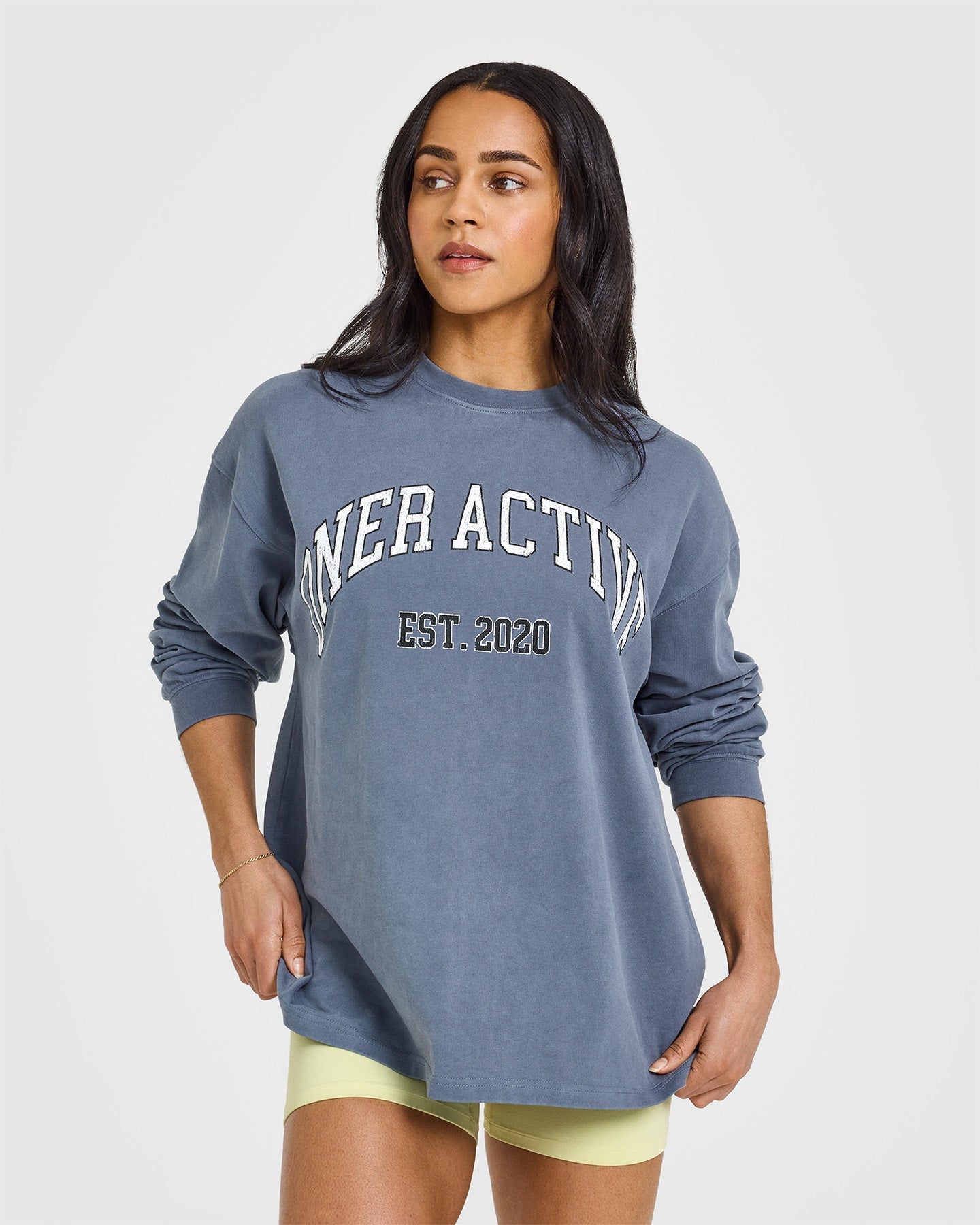 Oner Graphic Washed Long Sleeve Top for Women | Vintage Style Cotton Shirt in Granite Blue - Perfect for Casual Outfits, Streetwear & Layering