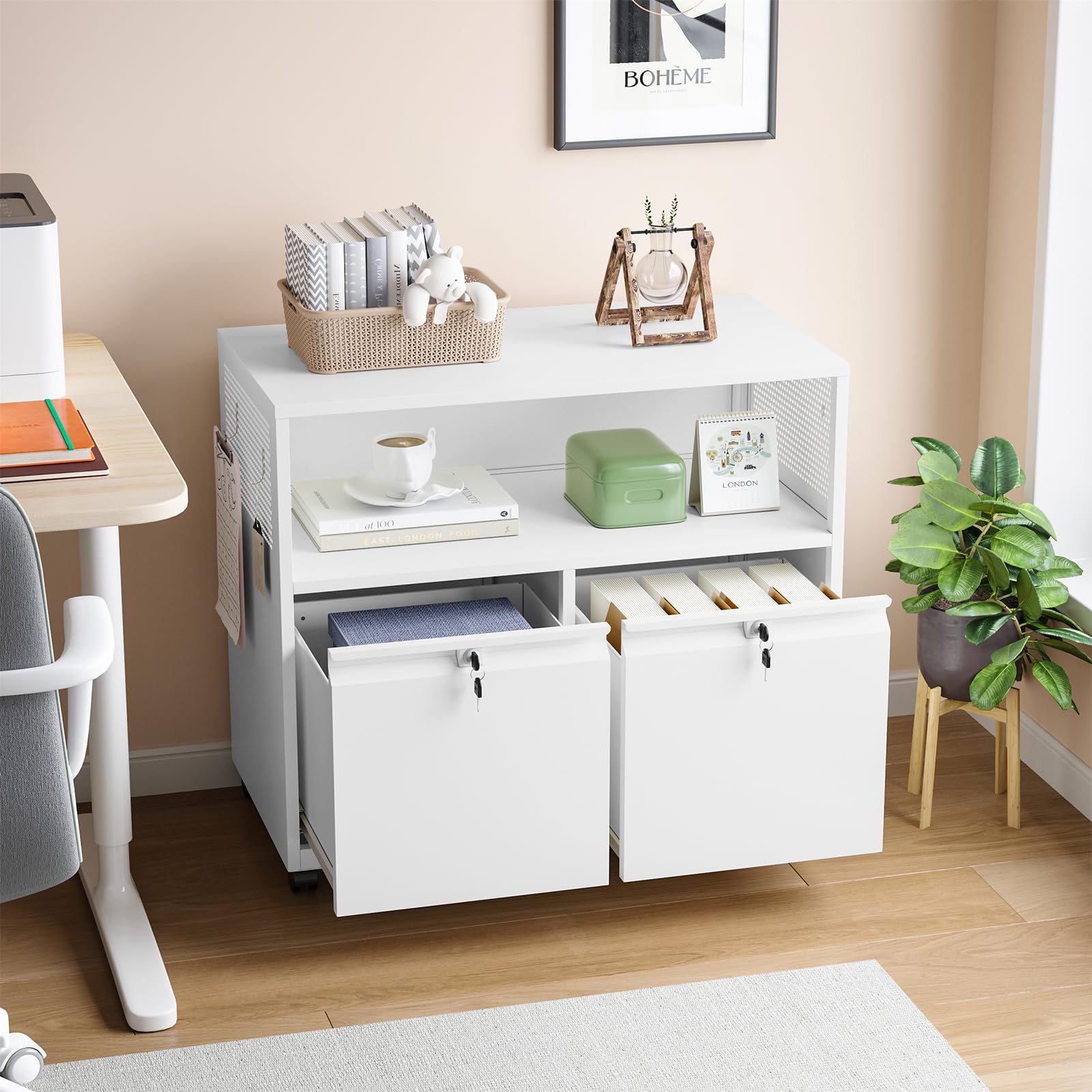 2-Drawer Metal Rolling File Cabinet with Lock & Wheels - Lateral Filing Cabinet for A4 Documents & File Storage - Office, Home, or Classroom Organization
