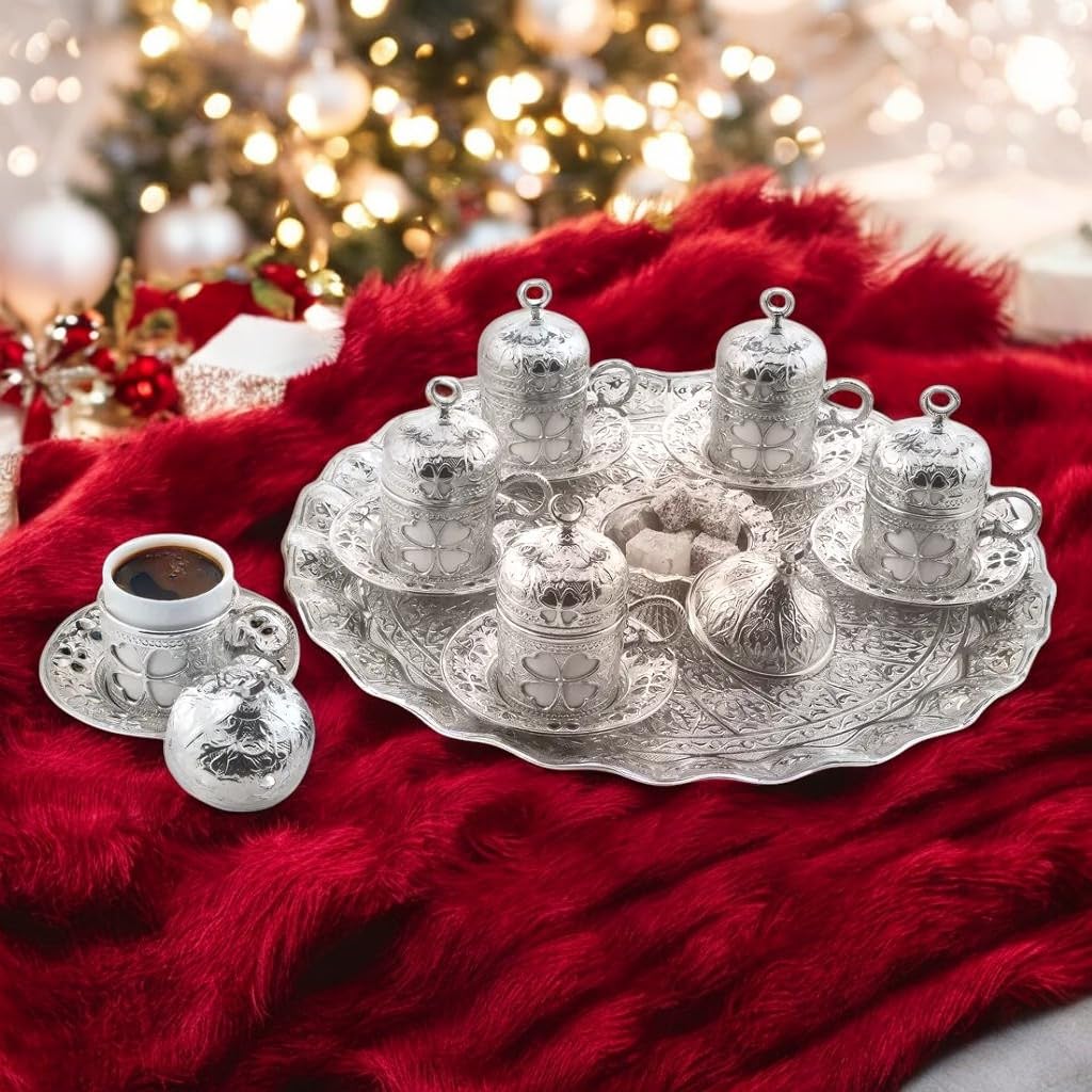 LaModaHome 6-Piece Turkish Espresso Coffee Cup Set with Saucer, Lid, Holder & Tray - Ottoman Tulip Design Porcelain Mugs for Coffee Lovers - Perfect for Arabic, Greek & Turkish Coffee - Ideal Gift & Home Decor Accessory - Silver