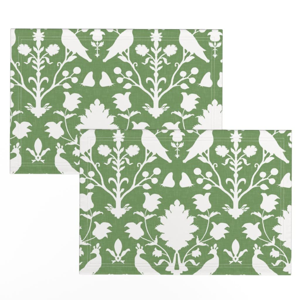 Premium Linen Cotton Canvas Placemats Set of 2 - Green White Floral Birds Damask Peacock Print Table Mats for Dining Room Decor, Kitchen Table Setting & Special Occasions