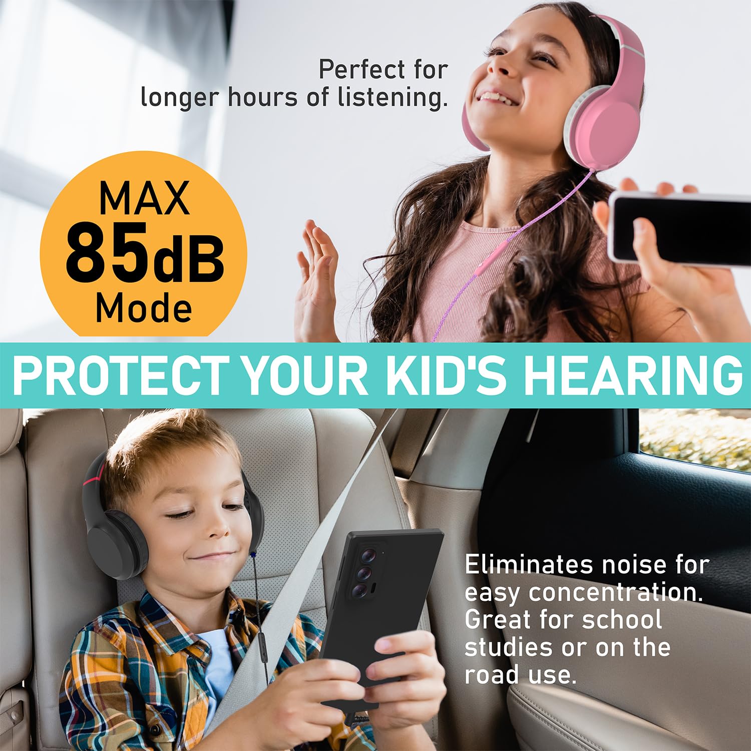 FosPower Kids Headphones with 3.5mm Jack - Volume Limited 85dB Safe Headphones for Children & Teens - Over Ear Foldable Adjustable Headset with Built-in Mic - Compatible with Smartphones, PC, Tablet, Laptop - Ideal for School, Online Classes & Travel - Black/Red