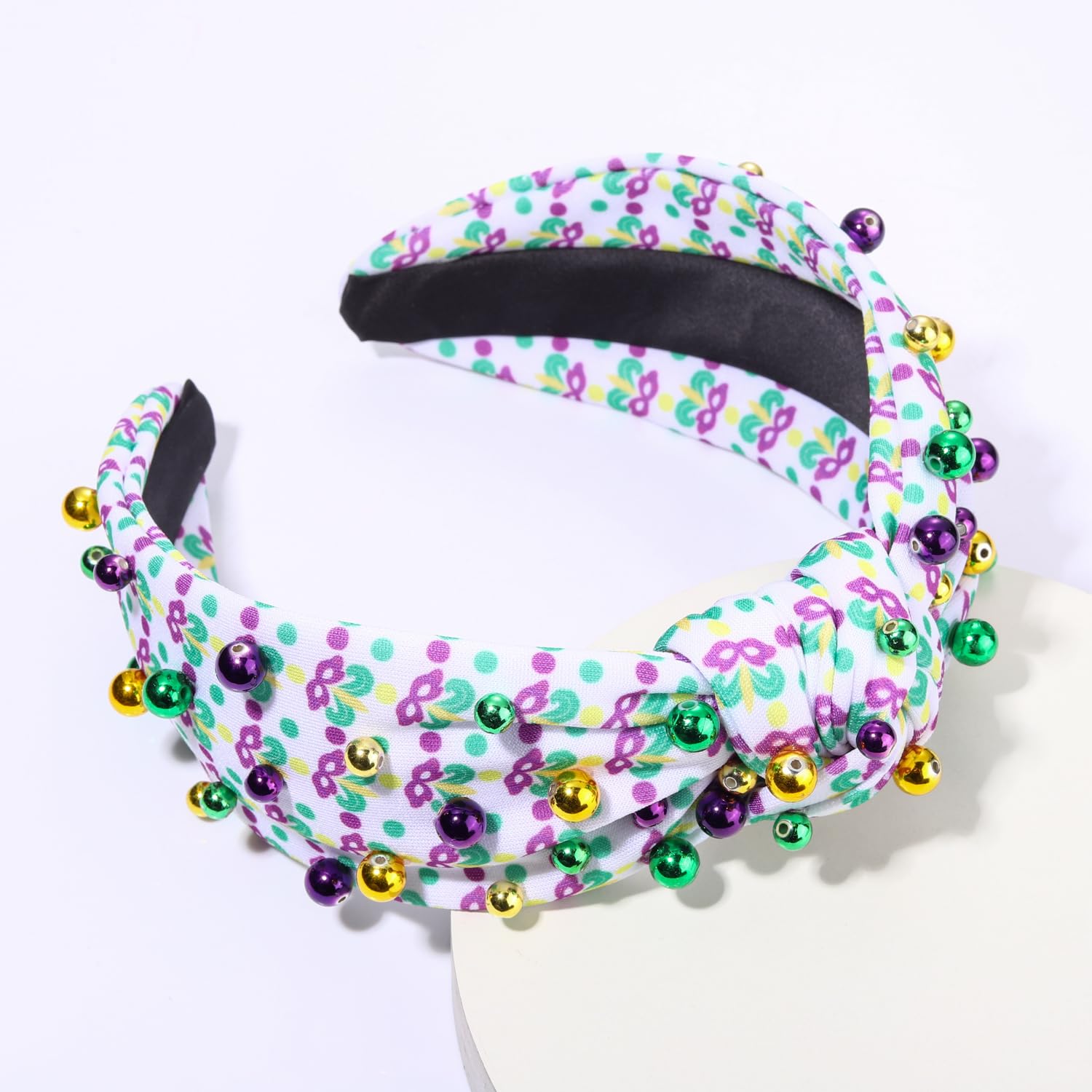 Women's Mardi Gras Headband with Purple Green Gold Beads & Fleur De Lis Mask - Knotted Carnival Hair Accessories for Parades, Parties & Festivals - Perfect Gift for Costume Events & Themed Celebrations