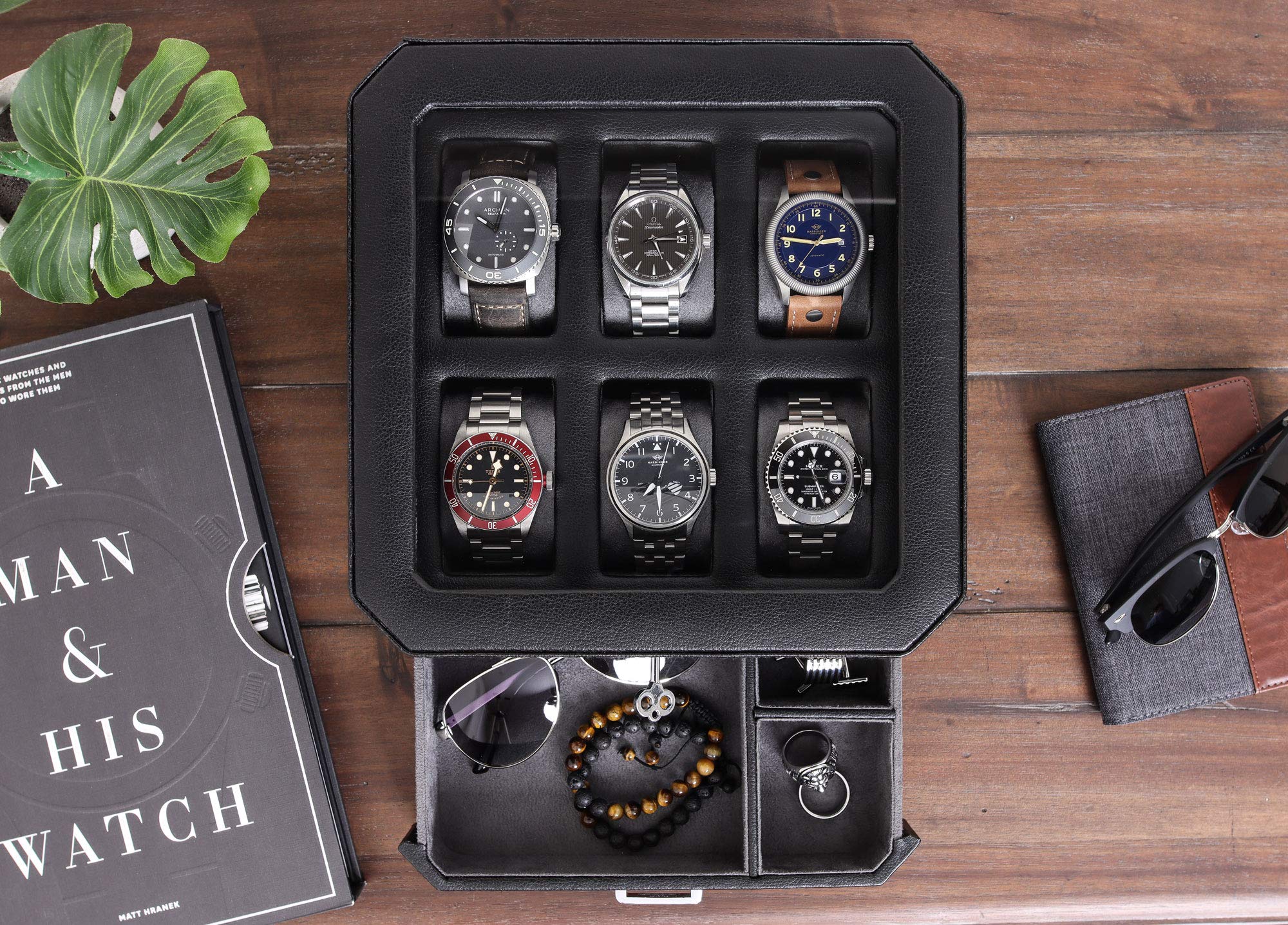 Premium ROTHWELL 6-Slot Leather Watch Box with Valet Drawer - Luxury Watch Case Organizer with Microsuede Lining & Locking Mechanism - Men's Jewelry Storage Box with Large Glass Top (Black/Grey) - Perfect for Watch Collectors, Travel & Home Display