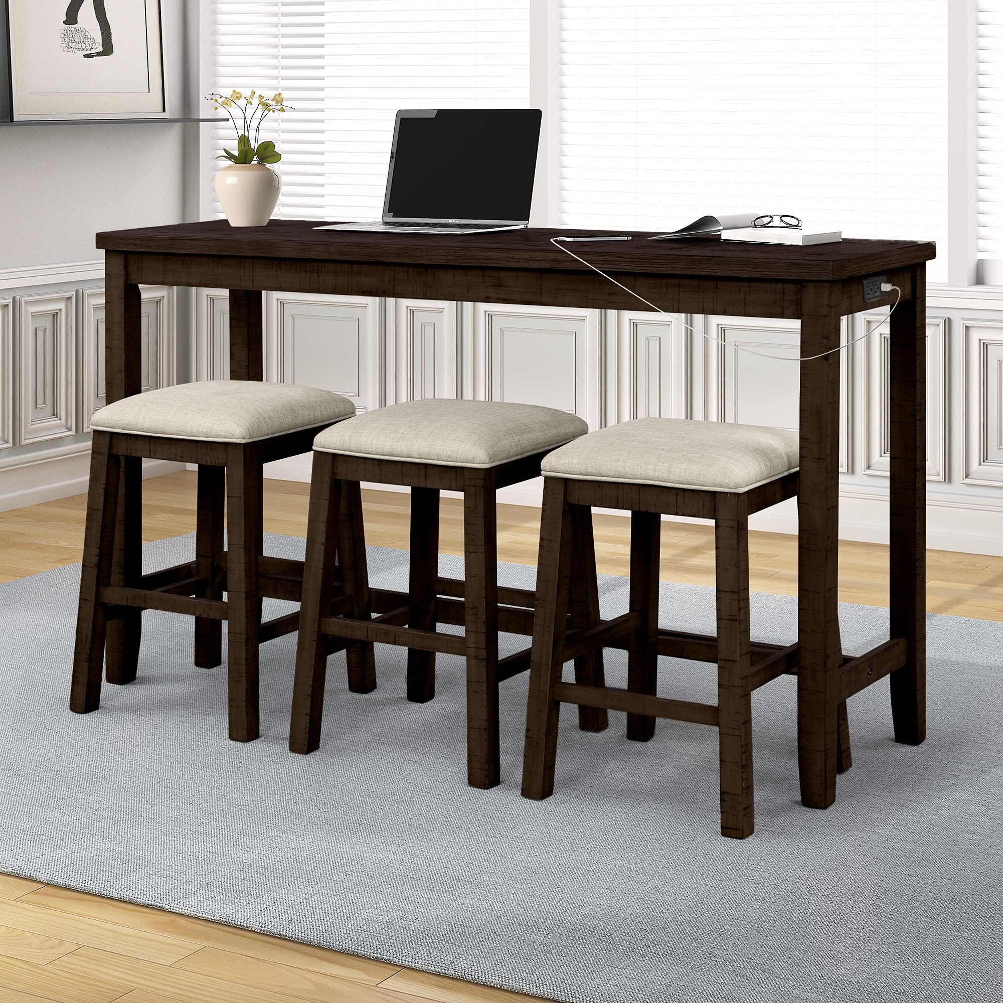 4-Piece Counter Height Dining Table Set with USB Socket & Fabric Padded Stools - Rustic Brown Bar Height Table for Kitchen, Breakfast Nook, Home Office or Small Space Dining - Perfect for Eating, Working & Studying