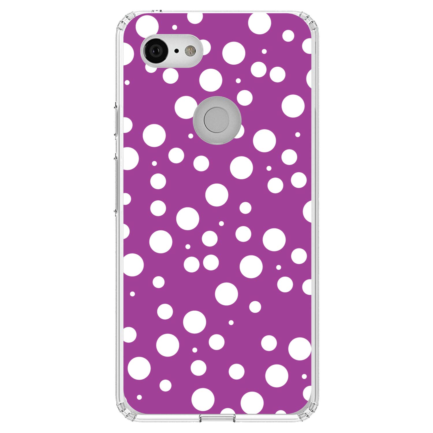 DistinctInk Clear Shockproof Hybrid Case for Google Pixel 3 XL (6.3 Inch) - TPU Bumper & Acrylic Back with Tempered Glass Screen Protector - Fuchsia White Polka Dot Design - Perfect for Work, Travel and Everyday Protection