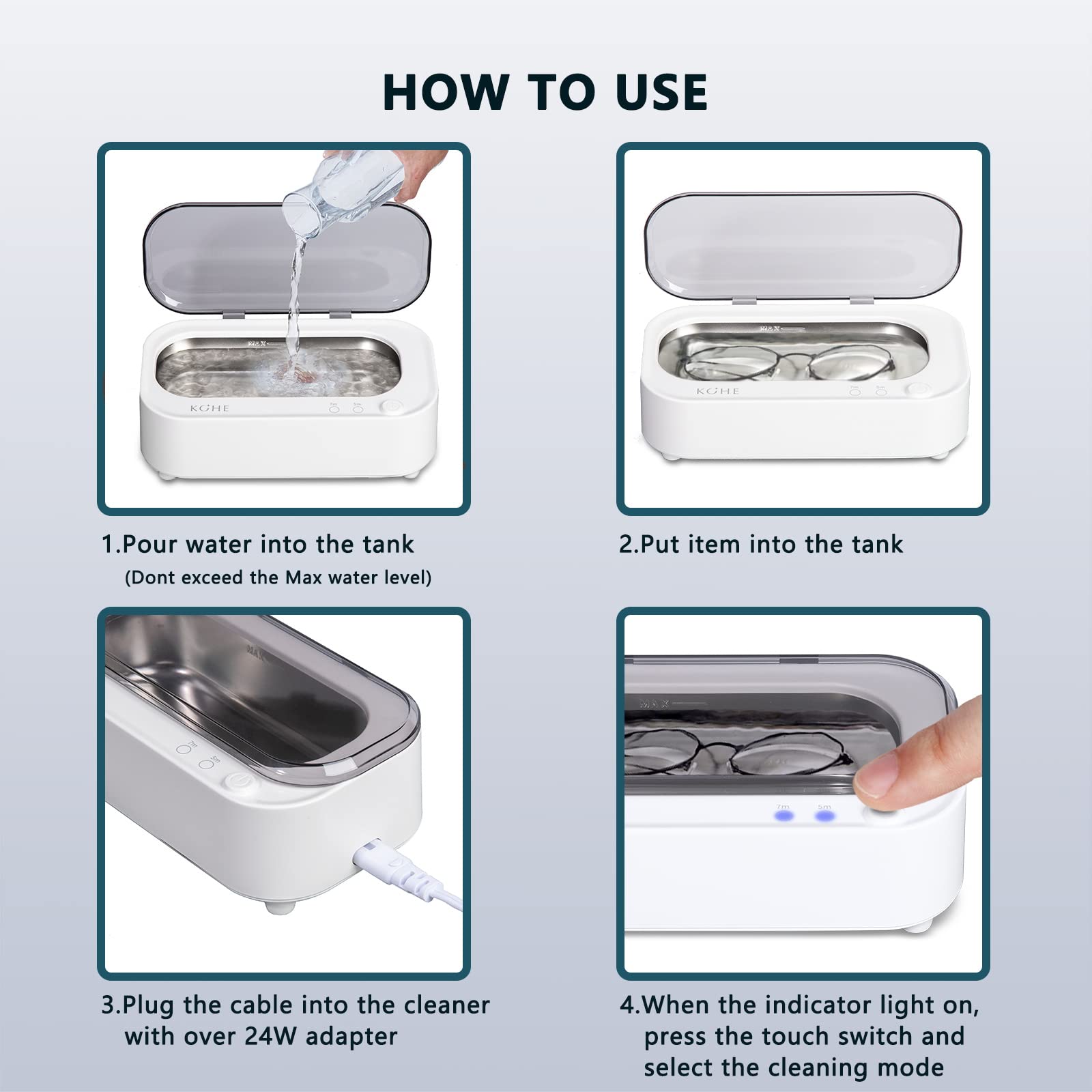 Professional Ultrasonic Jewelry Cleaner Machine - 48Khz Silver Cleaner for Rings, Earrings, Necklaces, Watches, Eyeglasses & Makeup Brushes | 304 Stainless Steel Tank (12OZ) | Perfect for Home, Jewelry Stores & Professional Cleaning Services