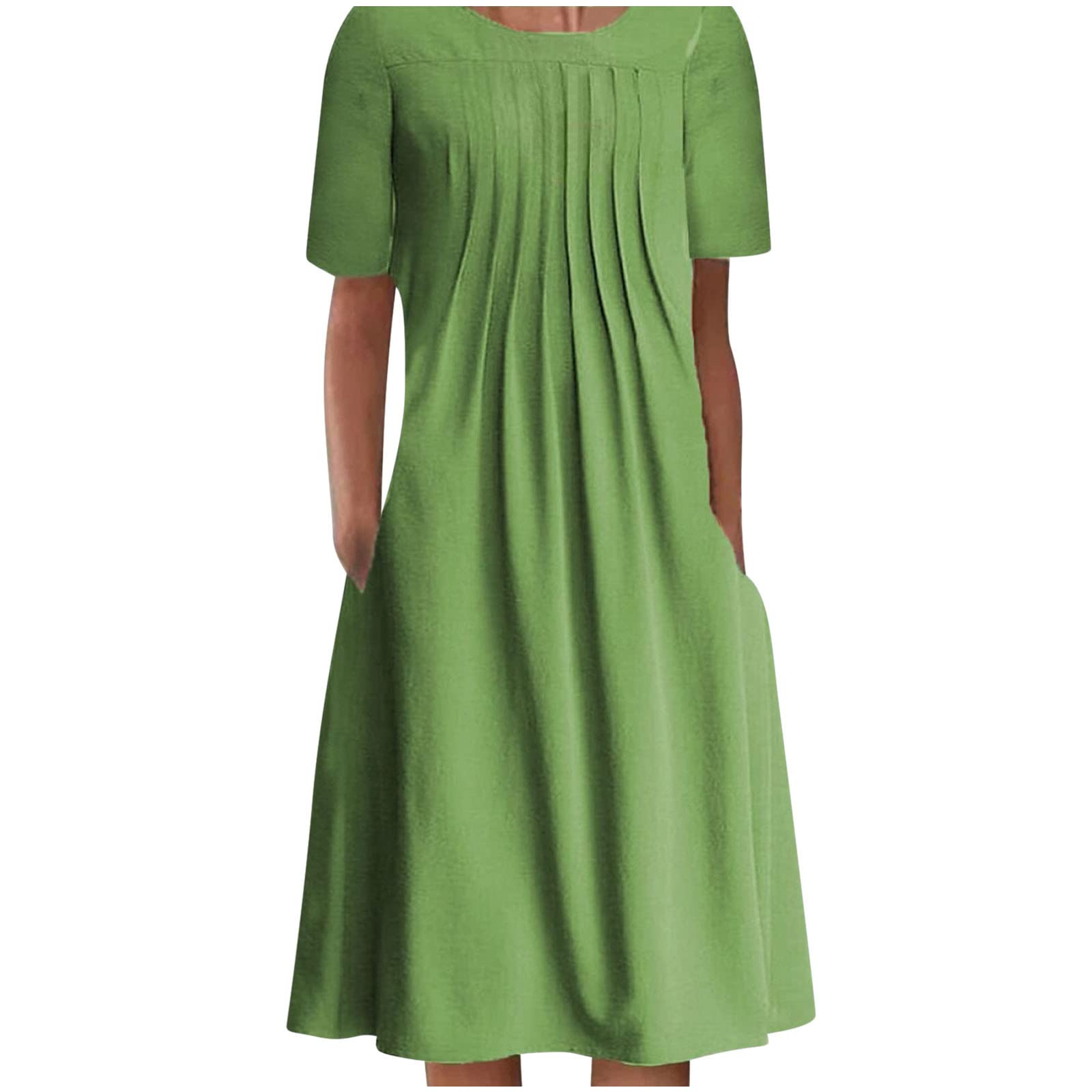 Women's White Summer Sun Dress - Casual Round Neck Short Sleeve Midi Dress with Pockets | Perfect for Beach Vacations, Picnics & Summer Outings