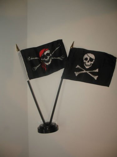 Premium Pirate Flag Set with Jolly Roger Skull Design - 4''x6'' Polyester Desk Flag with Black Base - UV Fade Resistant & Vivid Colors - Perfect for Garden Decor, Outdoor Display, and Pirate-Themed Parties