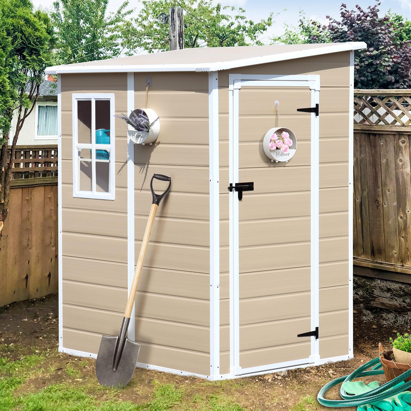 5x4 FT Waterproof Resin Outdoor Storage Shed with Floor, Window & Lockable Door - Durable Garden Tool Shed for Patio, Backyard & Lawn Equipment Organization (Perfect for Storing Gardening Tools, Pool Supplies & Seasonal Decor)