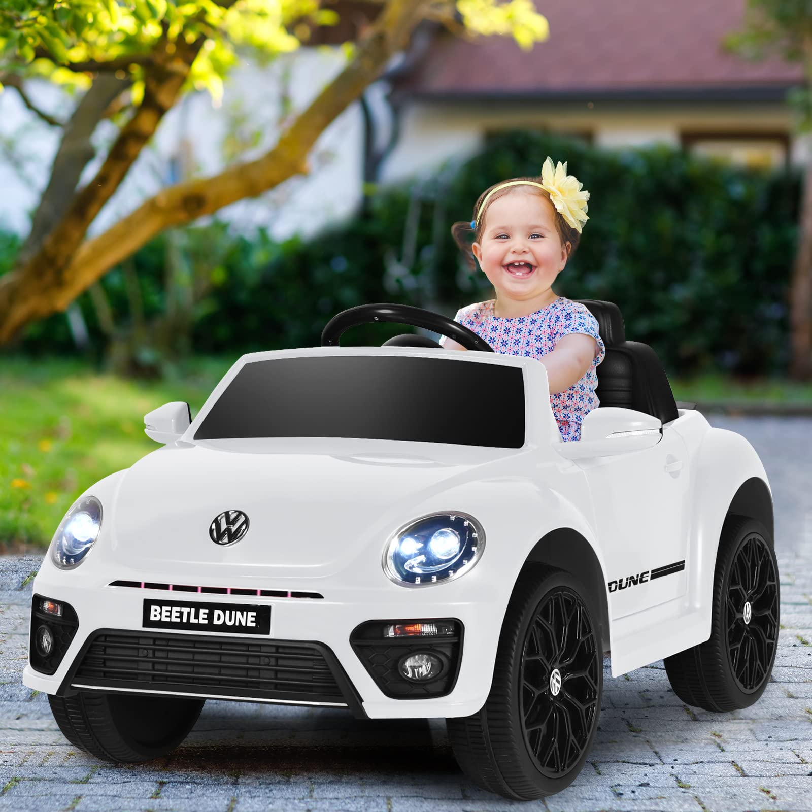 Costzon 12V Licensed Volkswagen Beetle Kids Electric Ride-On Car with Remote Control, Spring Suspension, LED Lights, USB Port, Horn & Music – 4-Wheeler Battery-Powered Vehicle for Boys & Girls (White) | Perfect Birthday Gift, Outdoor Play & Pretend Driving Fun