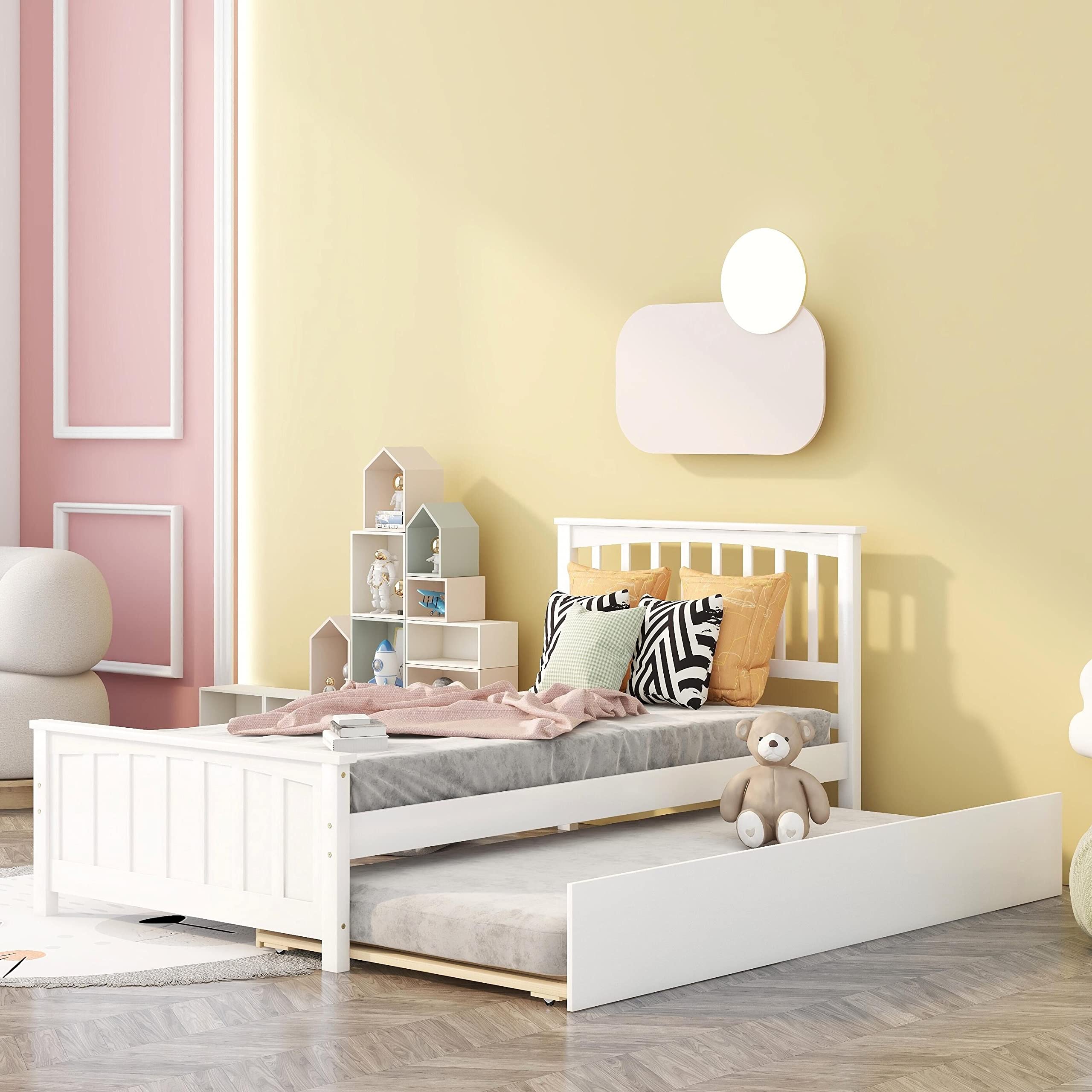 MERITLINE Twin Size Kids Bed with Trundle - White Platform Bed with Headboard & Footboard for Boys & Girls - No Box Spring Needed - Perfect for Small Bedrooms, Guest Rooms & Kids' Sleepovers