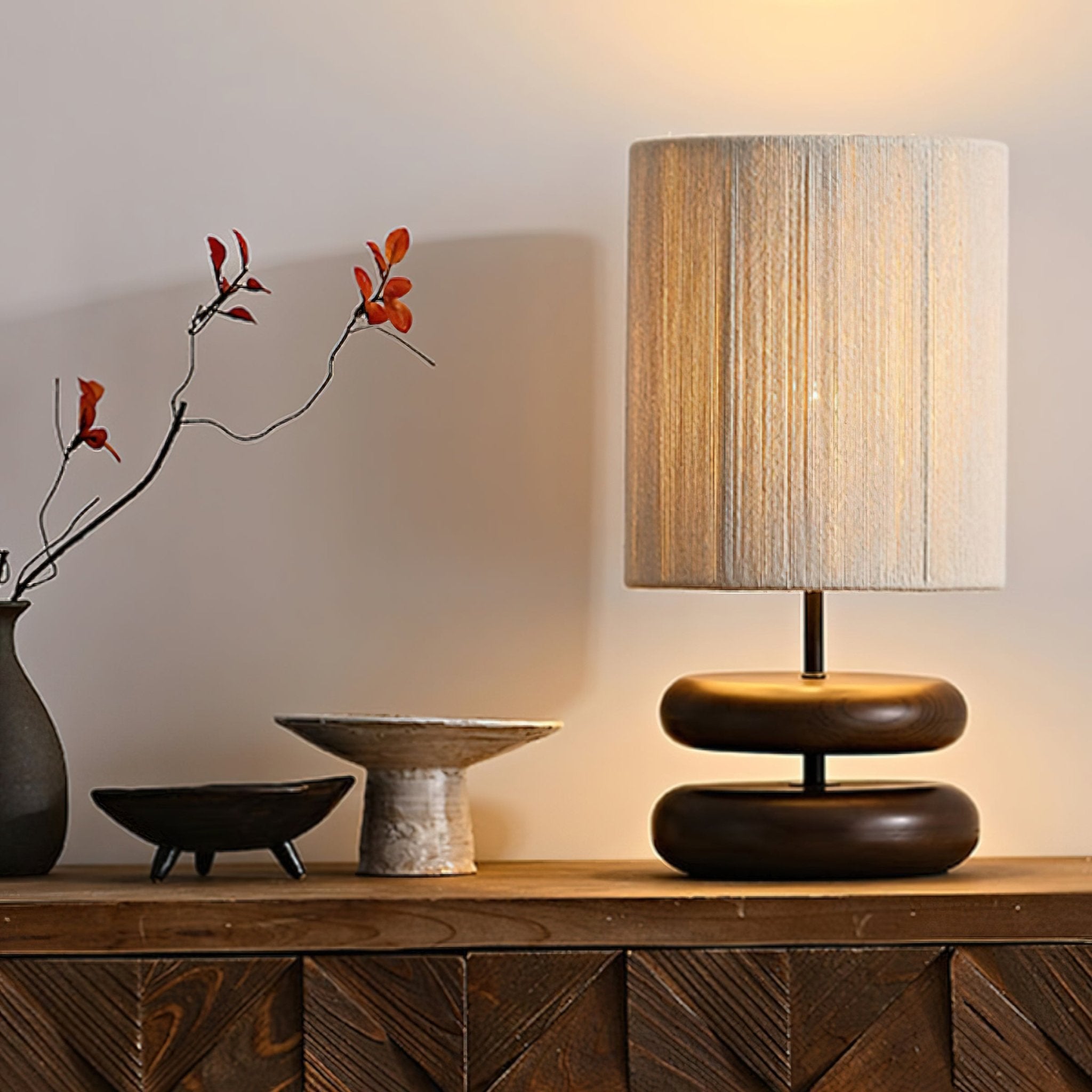 Modern Nora Wood Table Lamp - Handcrafted Solid Wood Base with Fabric Shade for Bedroom, Living Room & Office Decor
