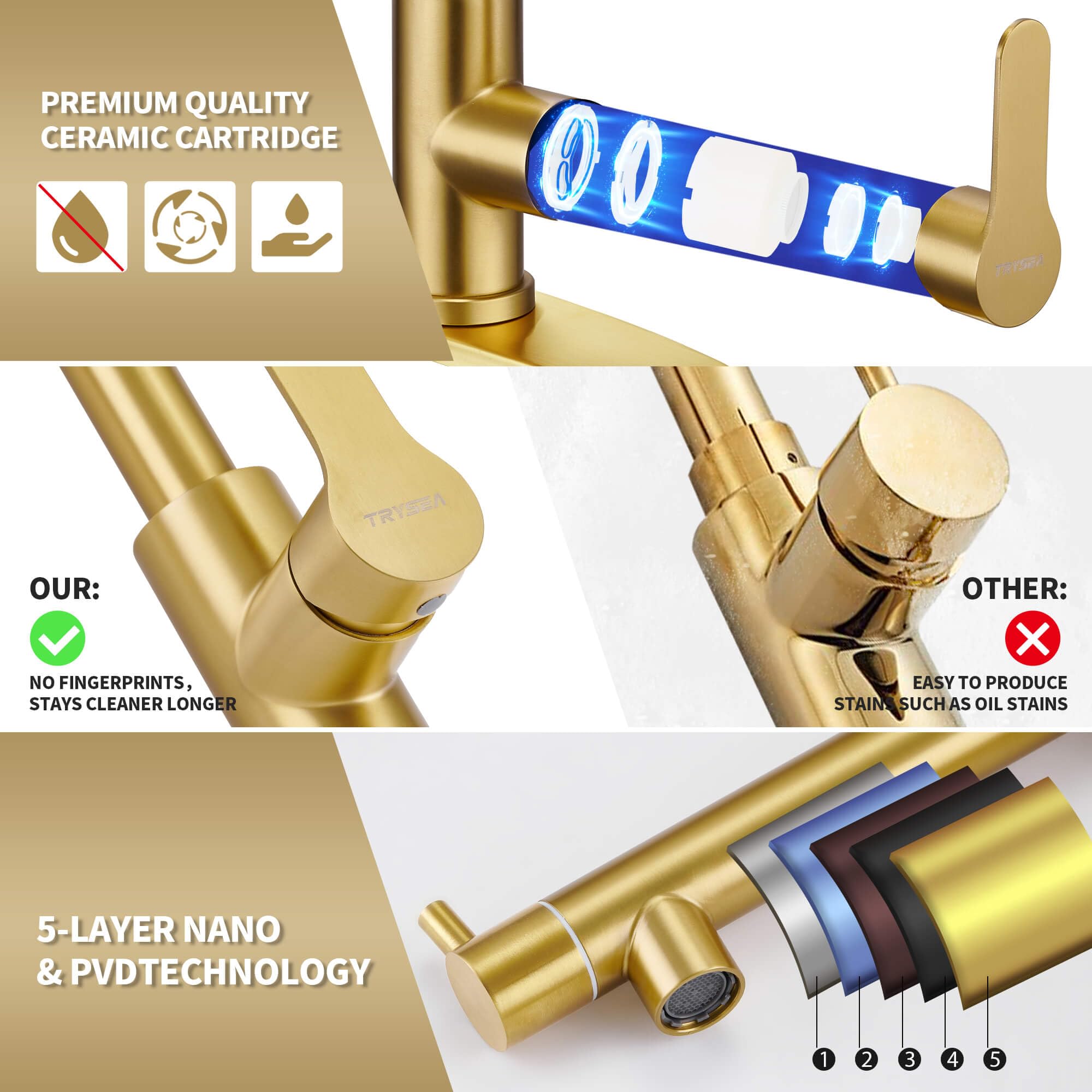 Modern Stainless Steel Kitchen Faucet with Pull Down Sprayer & LED Light - Brushed Gold Dual Spout Sink Faucet with Pot Filler - Perfect for Cooking, Washing Dishes & Filling Pots in Contemporary Kitchens
