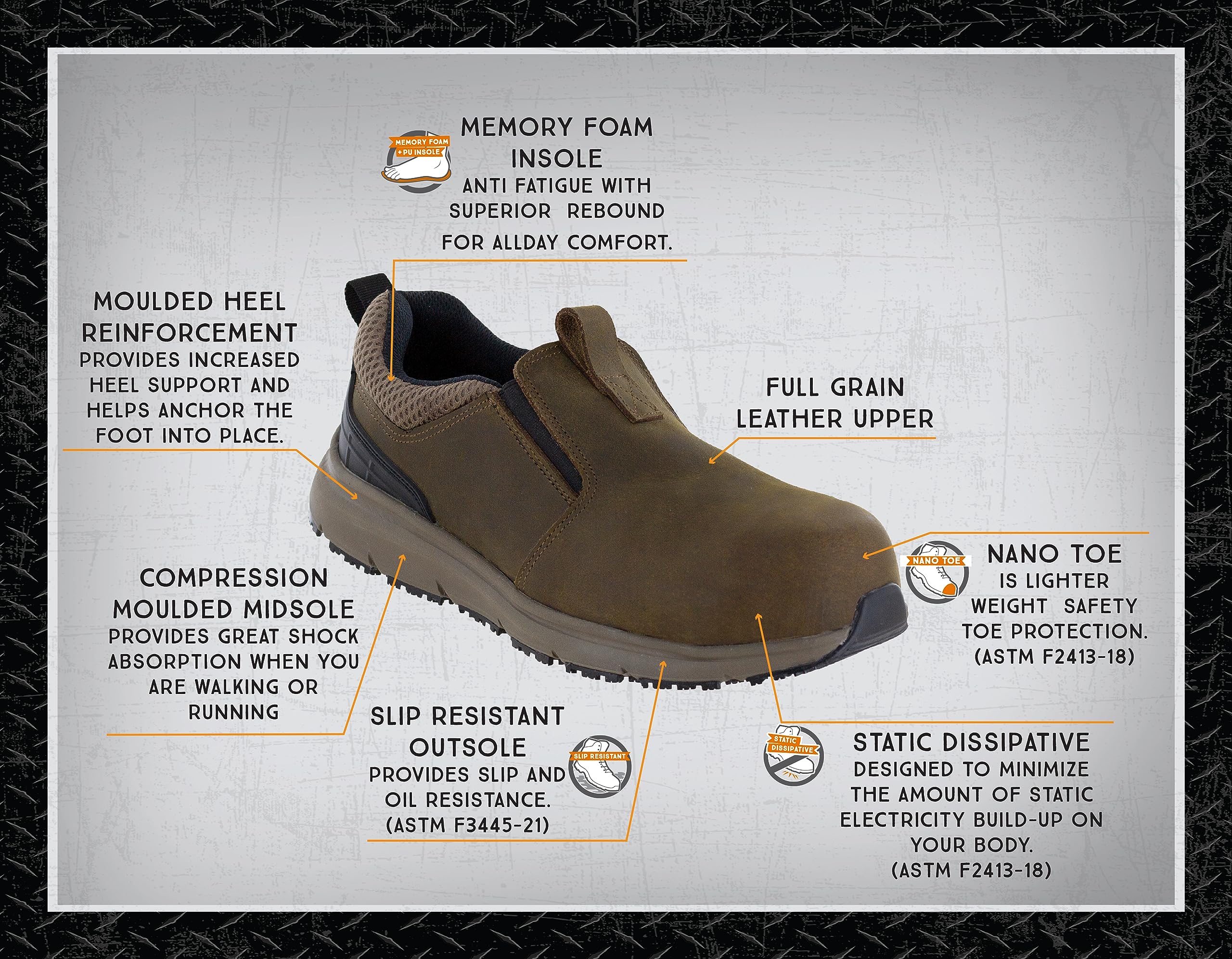 Northside Men's Thomason Slip-On Work Shoes - Memory Foam Comfort, Carbon Safety Toe, Slip & Oil Resistant, Anti-Static - Perfect for Construction, Warehouse & Industrial Work