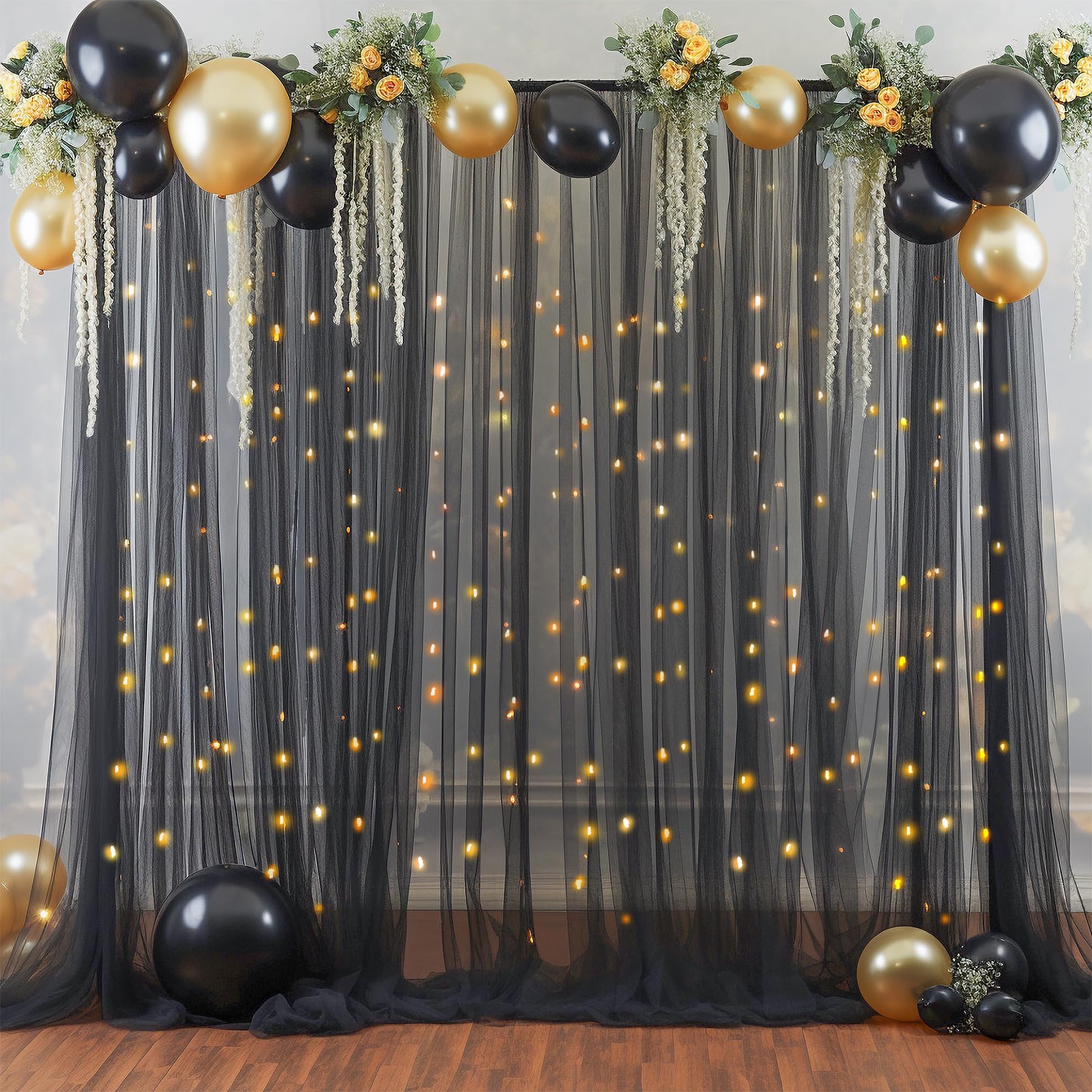 10×10ft Black Tulle Backdrop Curtain with LED String Lights - Sheer Wedding Party Decor, Photo Booth Background, Home Decoration for Birthday, Anniversary & Baby Shower Events