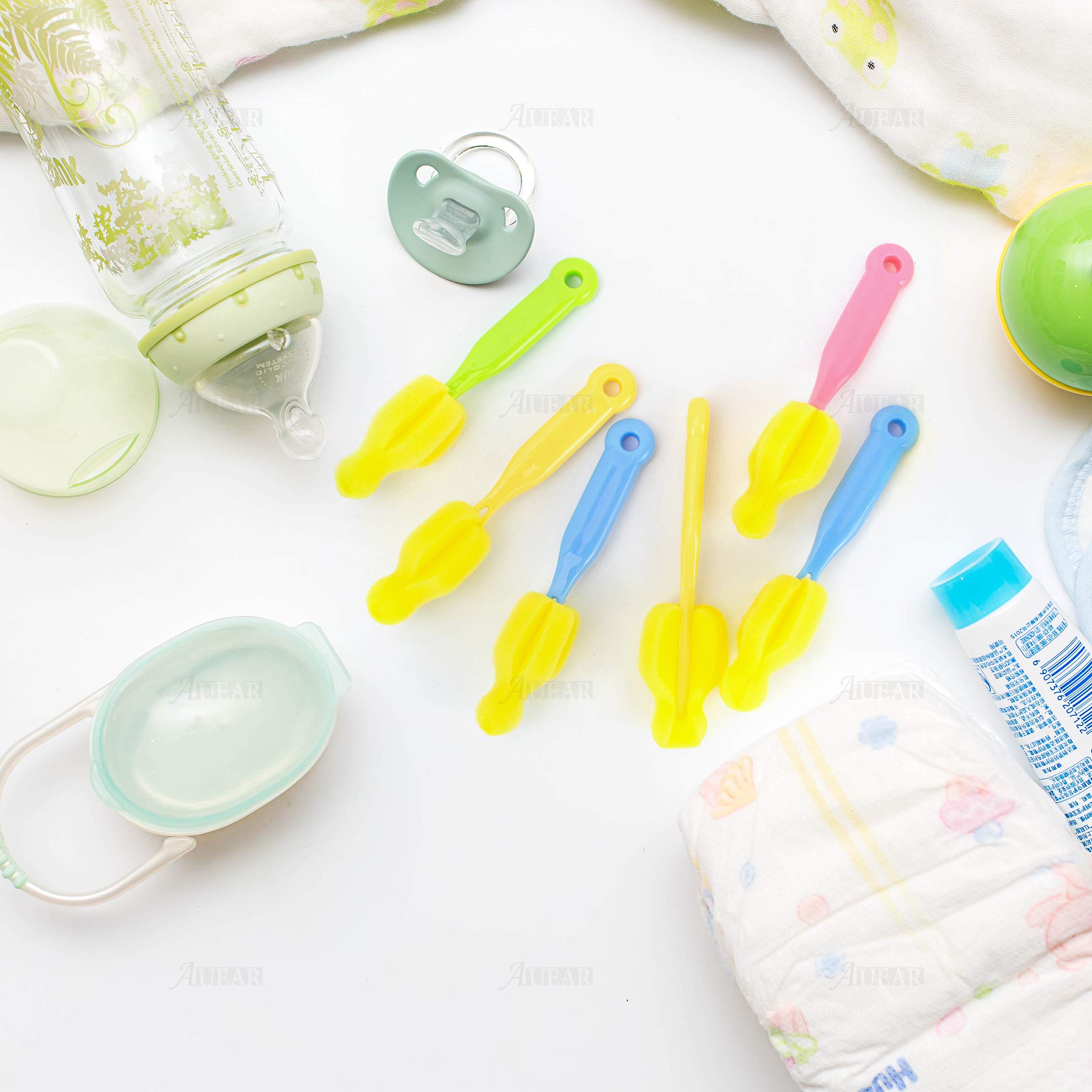 AUEAR Baby Bottle Brush Set - 8 Pack Nipple Brushes, Pacifier Cleaners & Sponge Scrubbers for Infant Bottles, Sippy Cups & Accessories - Perfect for Newborns, Toddlers & Breast Pump Parts Cleaning