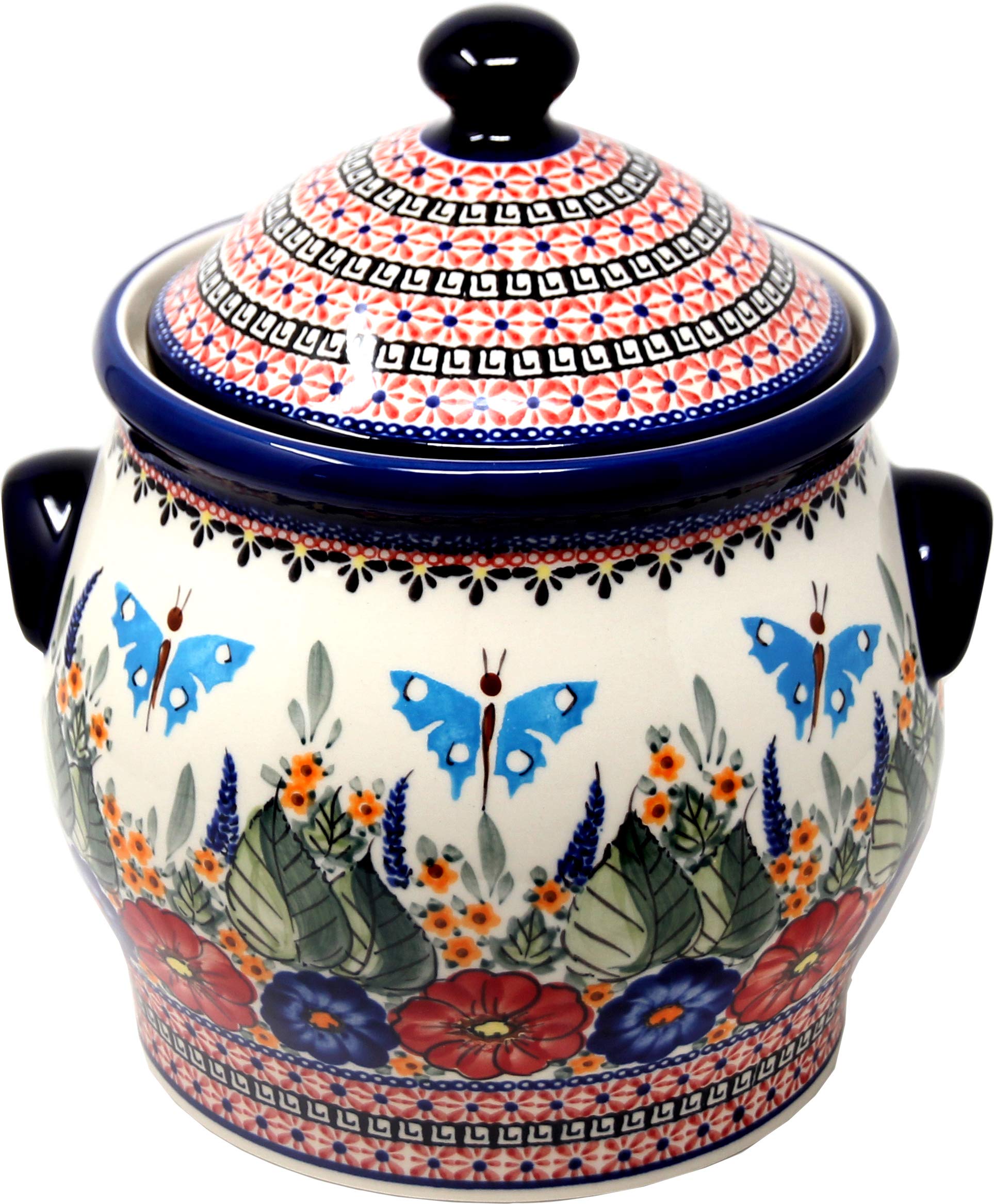 Extra Large 6 Quart Polish Pottery Cookie Jar & Canister - Floral Butterfly Unikat Pattern by Zaklady Boleslawiec | Perfect for Kitchen Storage, Baking Supplies & Home Decor