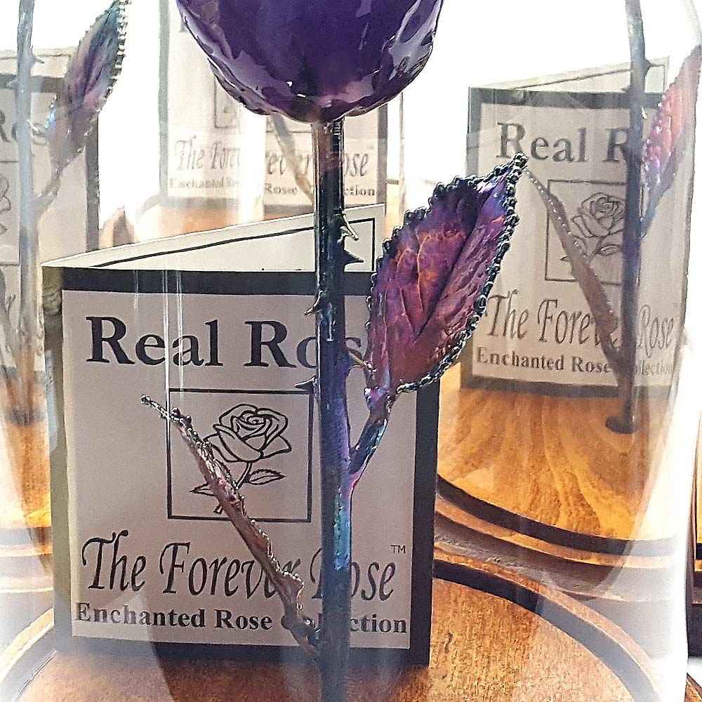 Forever Rose Enchanted Purple Preserved Rose in Glass Dome - Hand-Dipped Lacquer Rose with Copper Stem | Beauty and The Beast Inspired Flower | Romantic Gift for Women, Men, Anniversaries & Valentine's Day | Home Decor, Wedding Centerpiece & Luxury Gift Idea