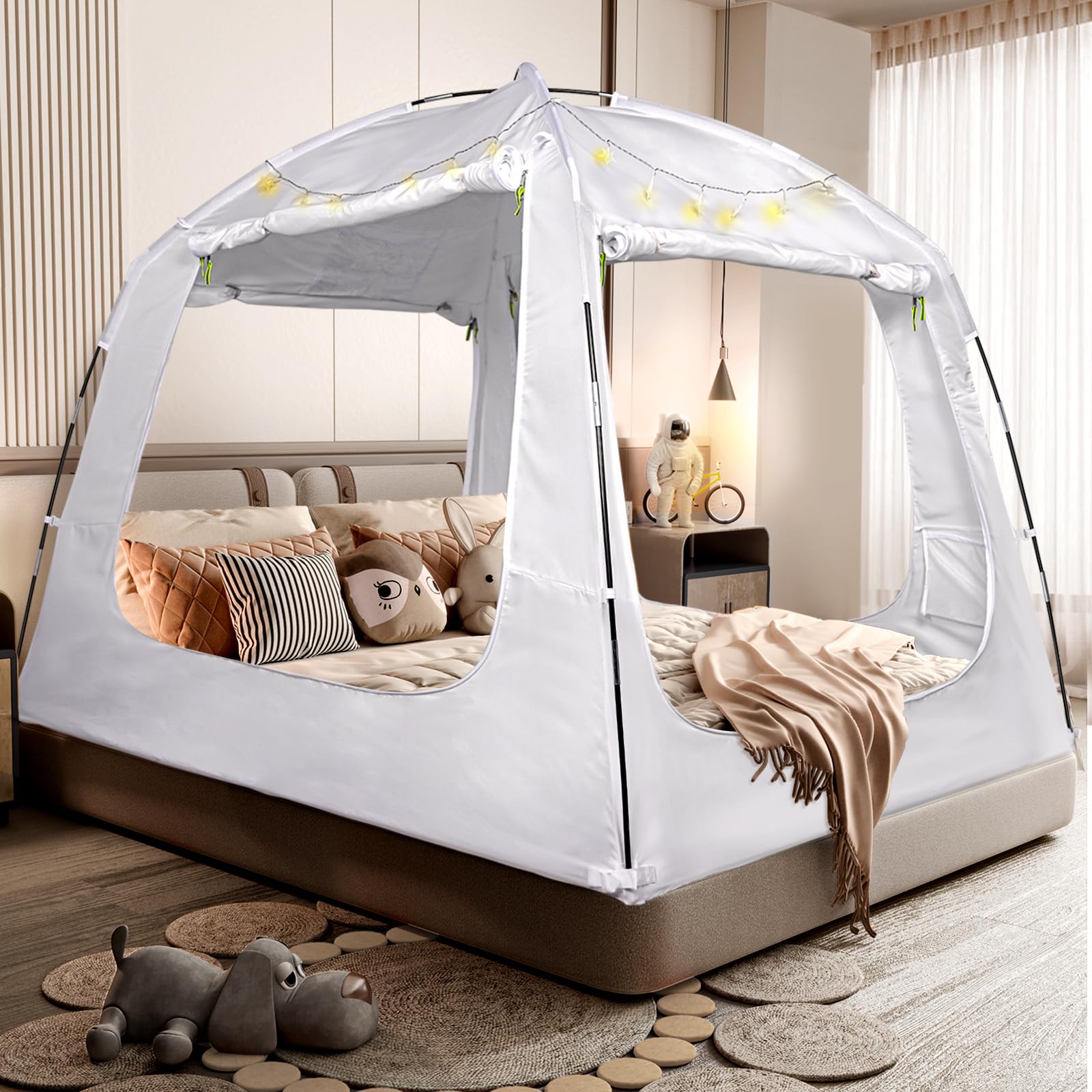 **Queen Size Bed Tent Canopy for Kids & Adults - 100% Breathable, 4 Doors, 80% Blackout - Indoor Portable Privacy Sleeping Tent with String Lights - Perfect for Camping, Bedroom Privacy & Cozy Sleepovers**