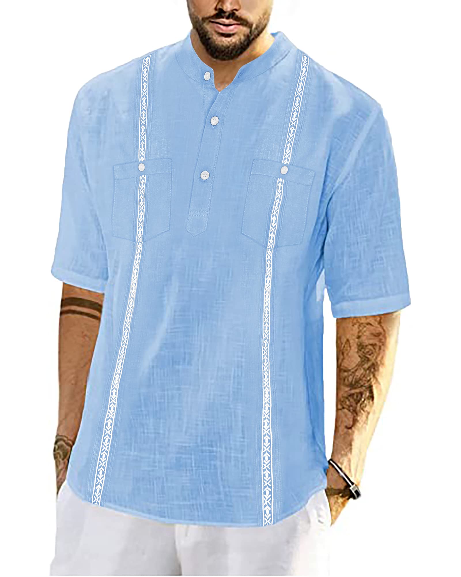 Men's Cotton Linen Cuban Shirts - Short Sleeve Henley Guayabera Shirts with Button V Neck for Casual Wear & Beach Vacation | Breathable Summer Tops for Tropical Outings, Pool Parties and Resort Style