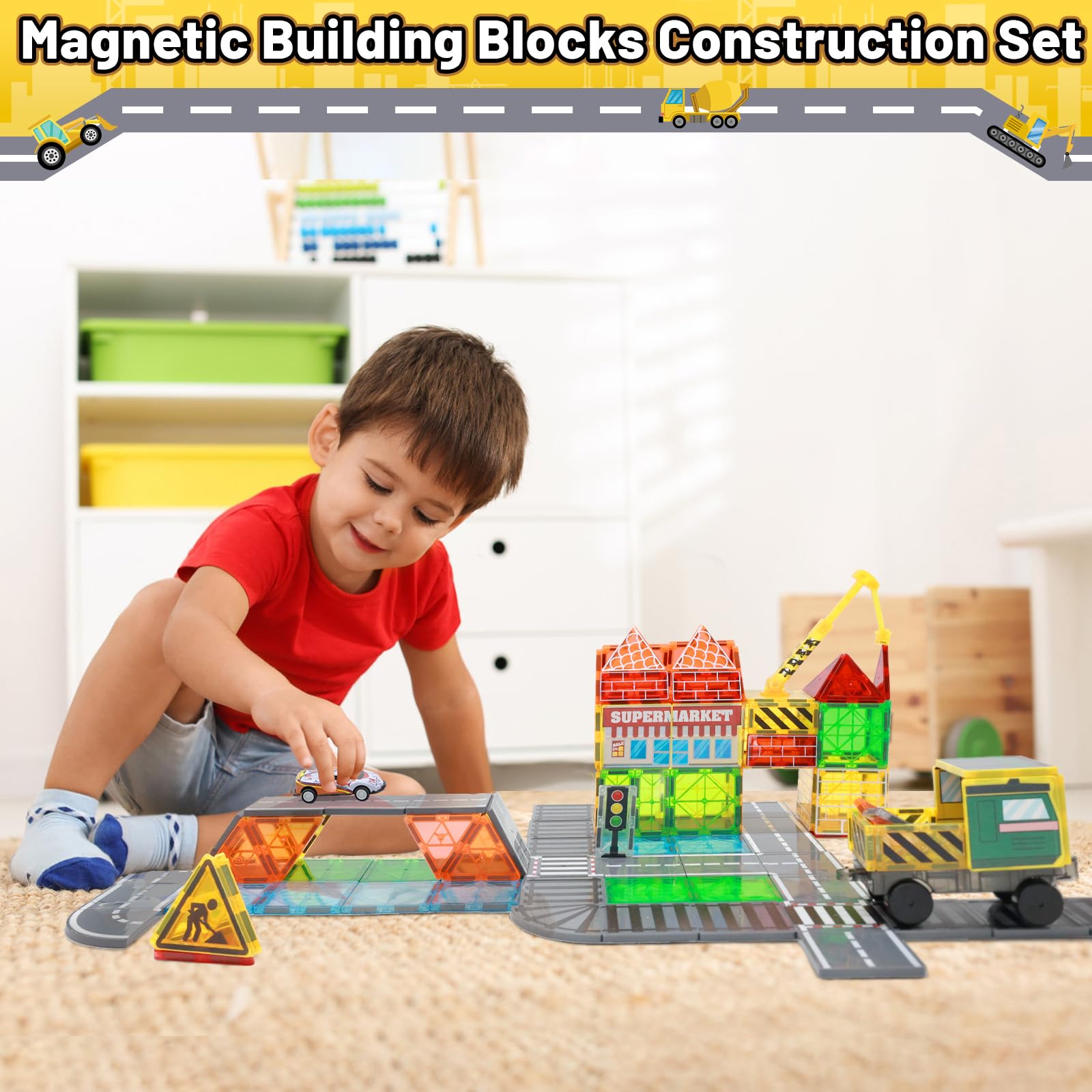 Magnetic Building Blocks for Kids - STEM Educational Toys for Ages 3-12 | City Construction Set with 2 Cranes, Train Tracks & Road Cars | Perfect for Preschool Learning, Creative Play & Toddler Development